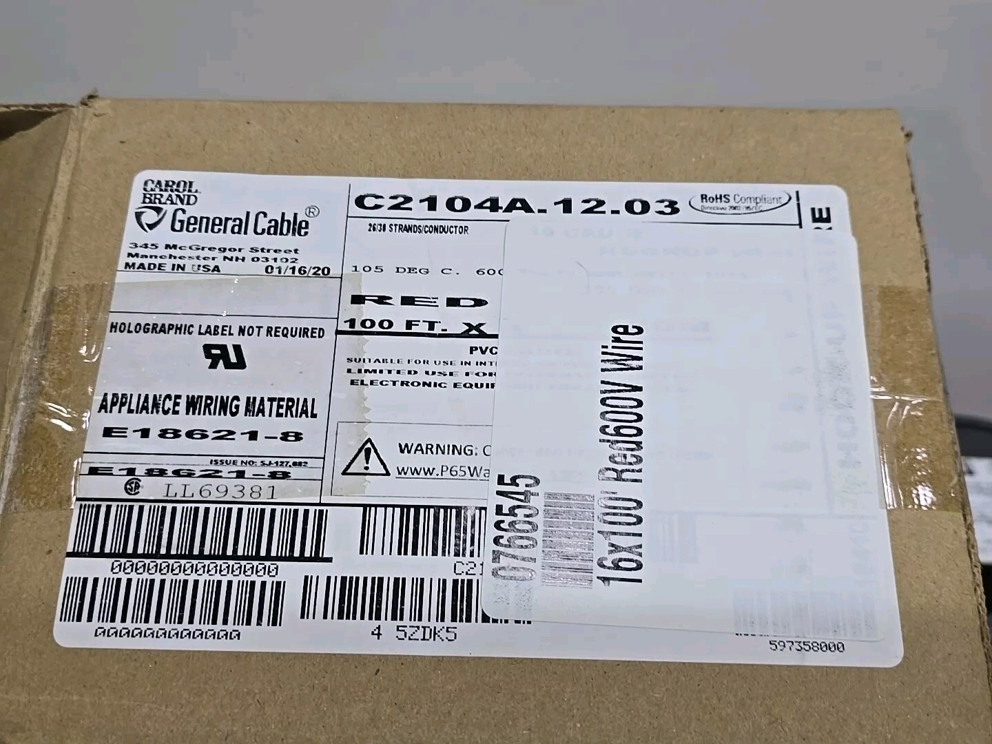 Carol 18410 16awg Stranded Copper PVC HookUp Wire AWM Red 100ft Appliance 600V