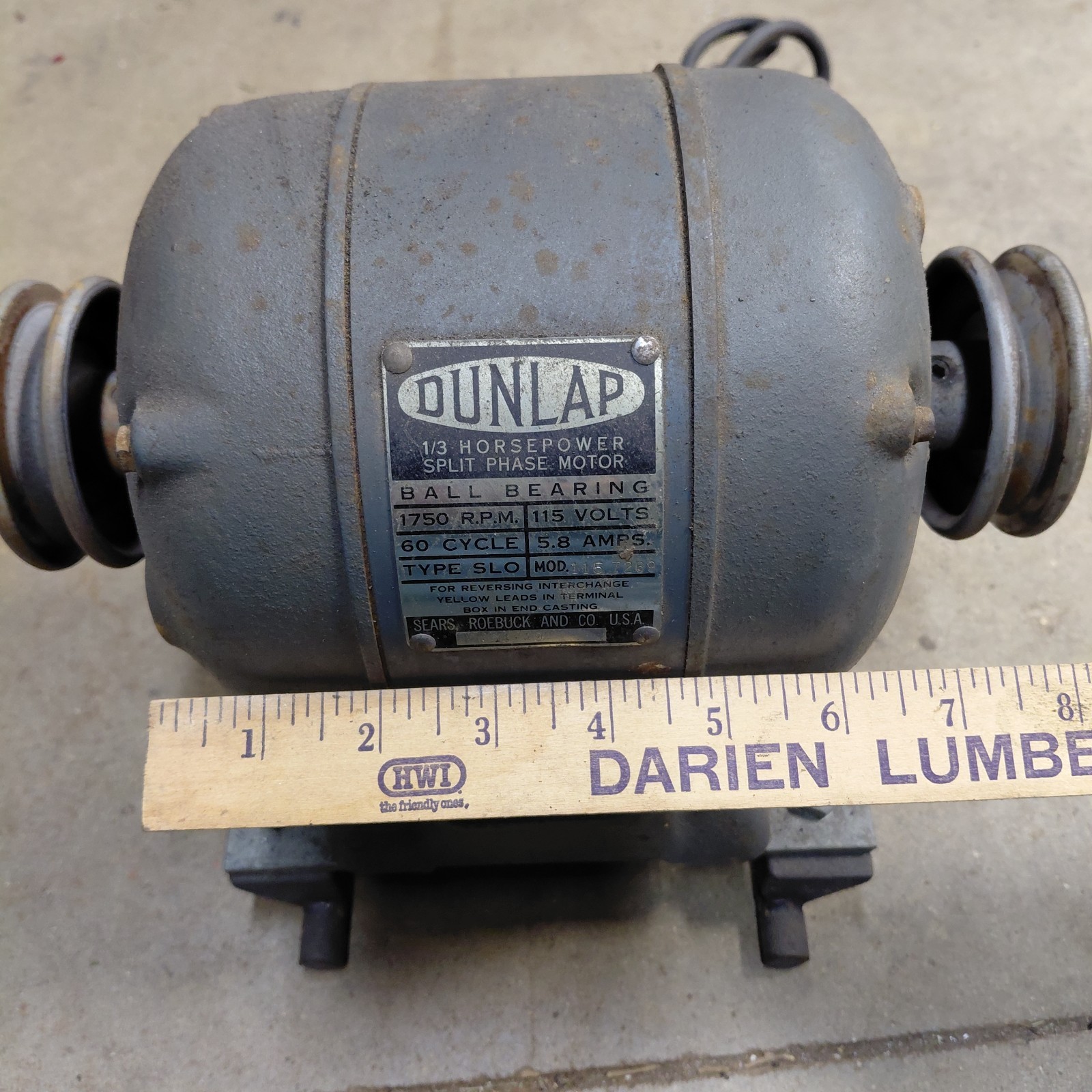 See Video Vintage Sears DUNLAP 1/3 HP Split Phase 115V 1750 RPM Motor 1/2” Shaft