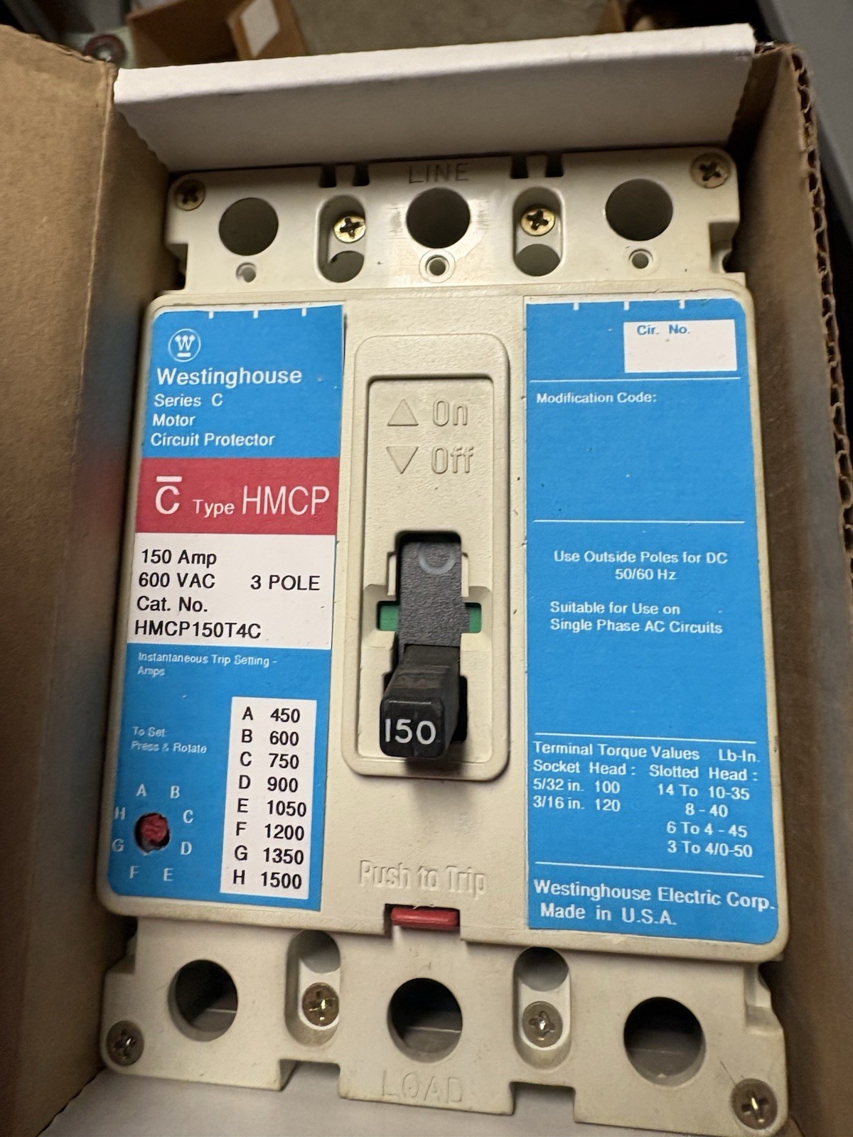 Cutler-Hammer HMCP150T4C Thermal Magnetic Circuit Breaker, F-Frame, HMCP Series,
