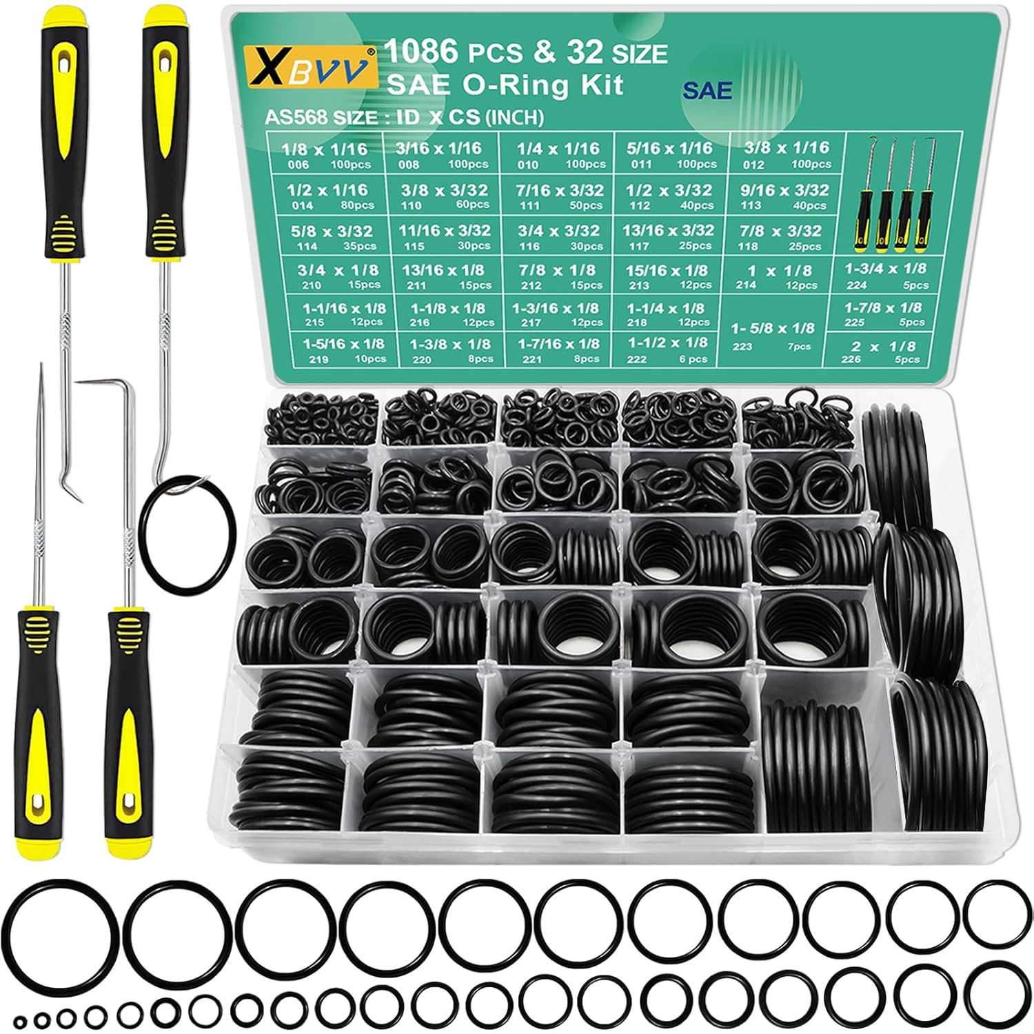 32 Size SAE O Ring Assortment Kit 1086 Pcs Standard Buna-N Rubber O’Ring Set wit