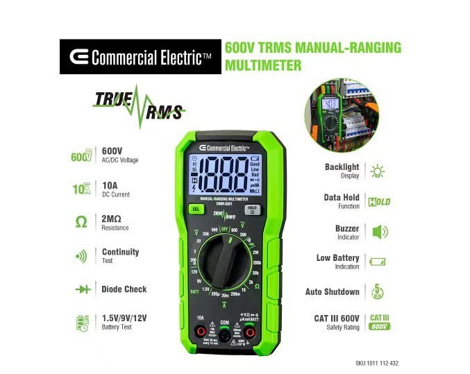 Commercial Electric 600V True RMS Auto Ranging Digital Multimeter W/ Temp