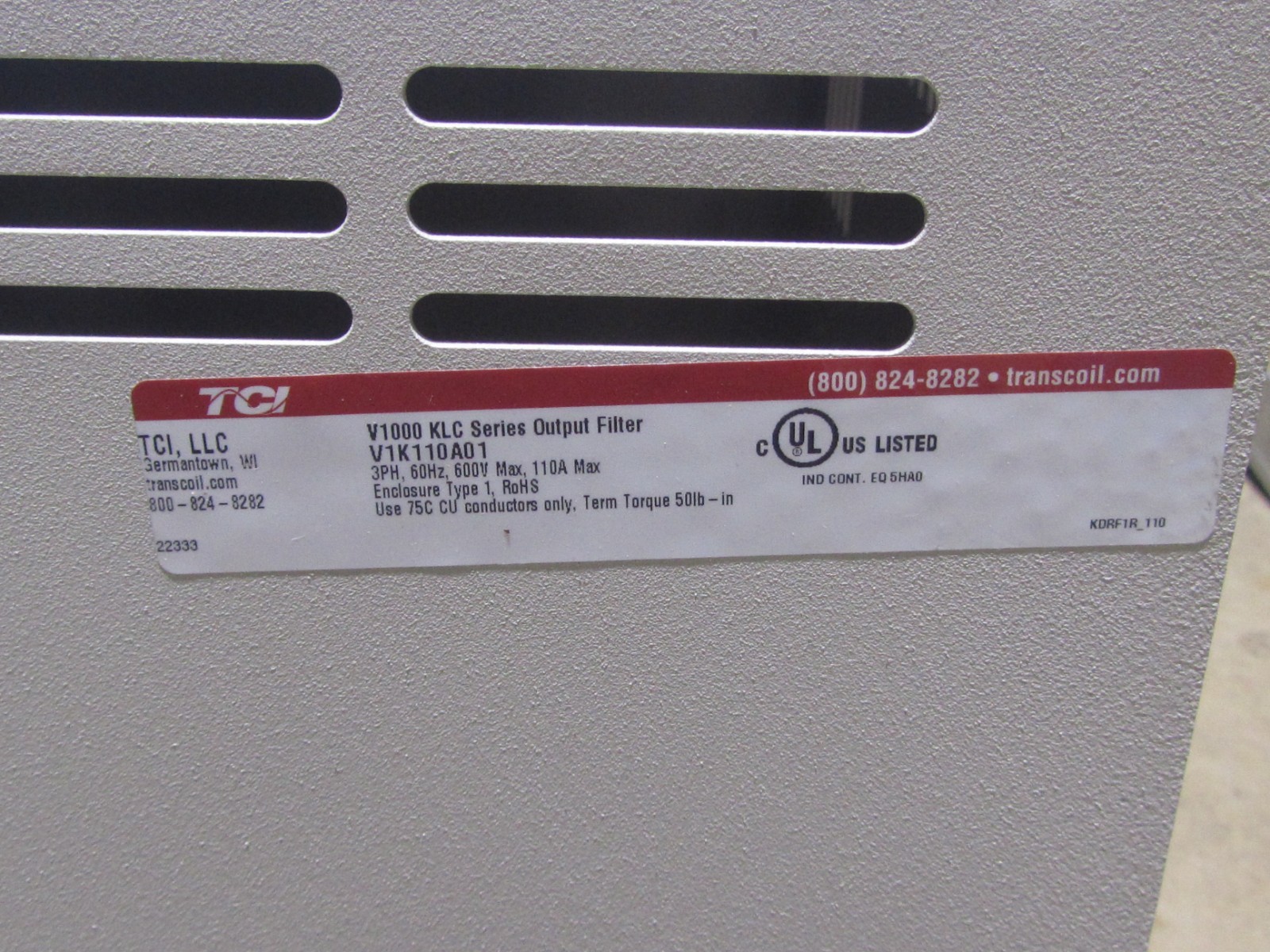 NEW TCI TRANS COIL V1000 KLC SERIES OUTPUT FILTER V1K110A01 3HP, 60Hz, 600v max