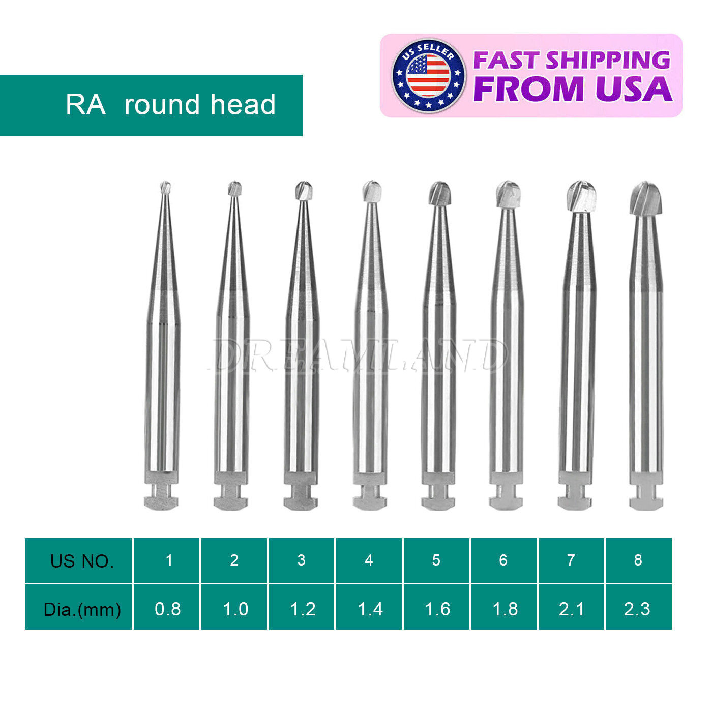 RA #1-8 Regular Round Carbide Burs for Slow Speed Latch Type RA1-RA8 Dental