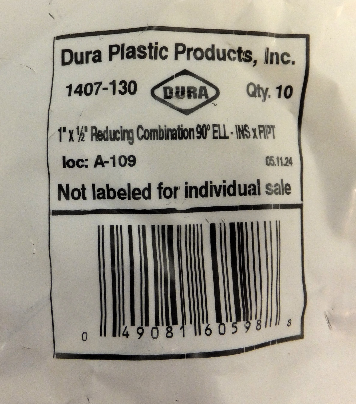 DURA 1407-130, 1″ BARB x 1/2″ FPT COMBINATION REDUCING 90° PVC ELBOW, BAGS OF 10