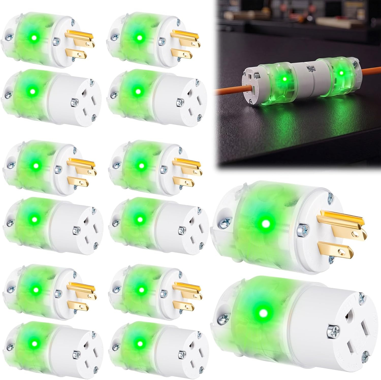 8 Sets Lighted Extension Cord Replacement Ends, 15A 125V NEMA 5-15P/R Male & Fem