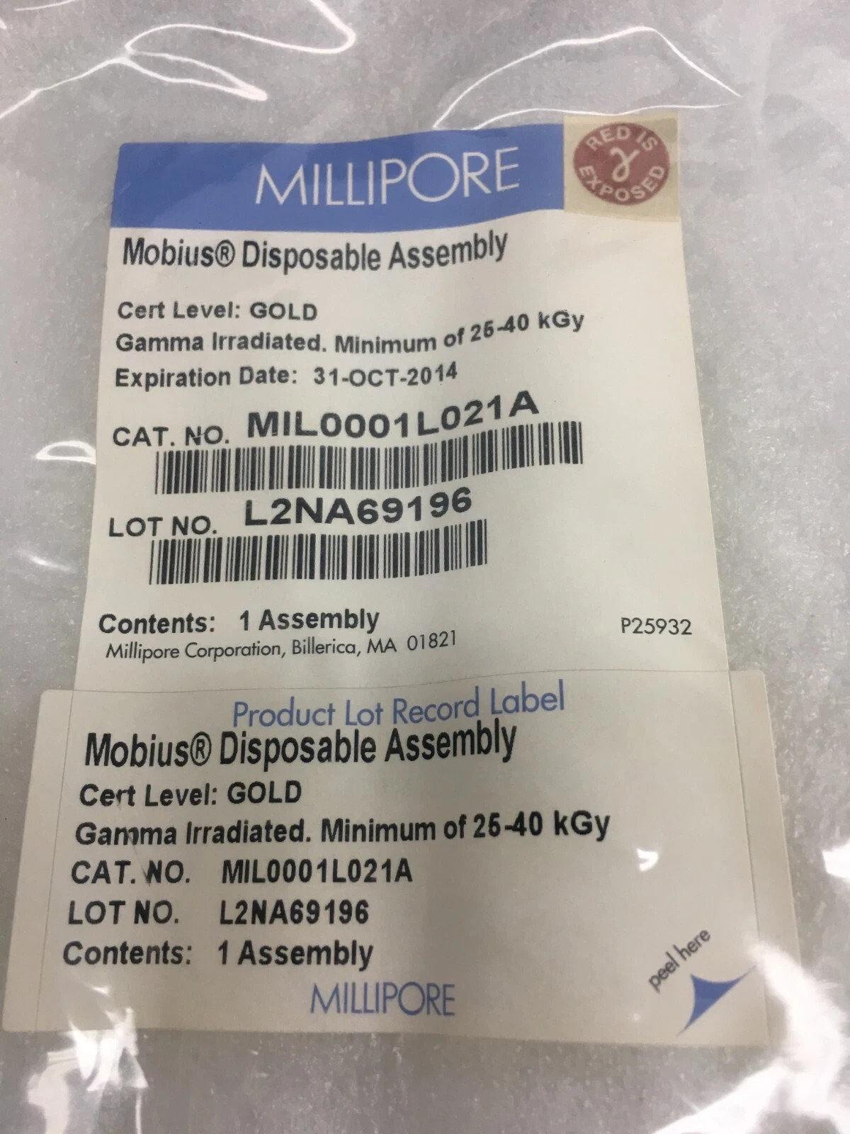 Millipore Cat No MIL0001L021A Gold Mobius Disposable Assembly Lot 2 PCS