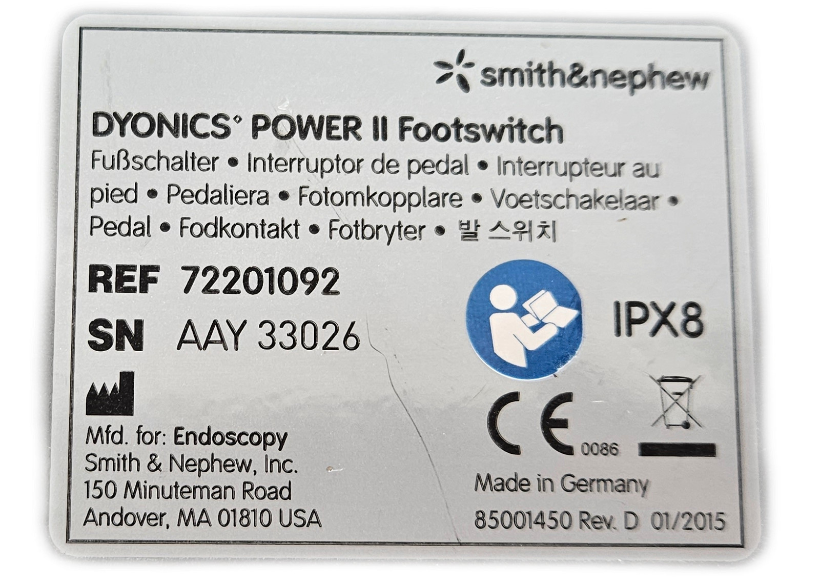 Smith & Nephew Dyonics Power II Footswitch 72201092 Orthopedic Surgery
