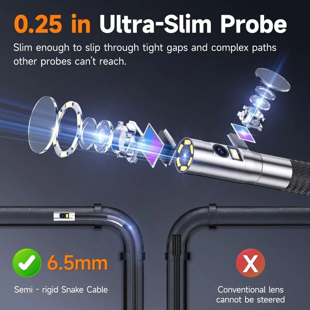 FOXWELL Elite Dual Lens 2-Way 220° Articulating Borescope, 0.25in Ultra-Slim …