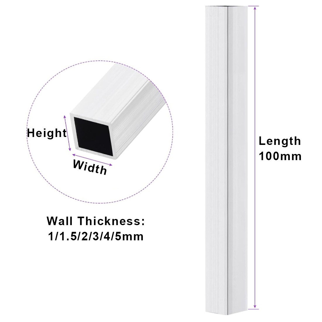 Aluminium Square Box Section Tube Length 300mm Wall Thickness 1/1.5/2/3/4/5mm