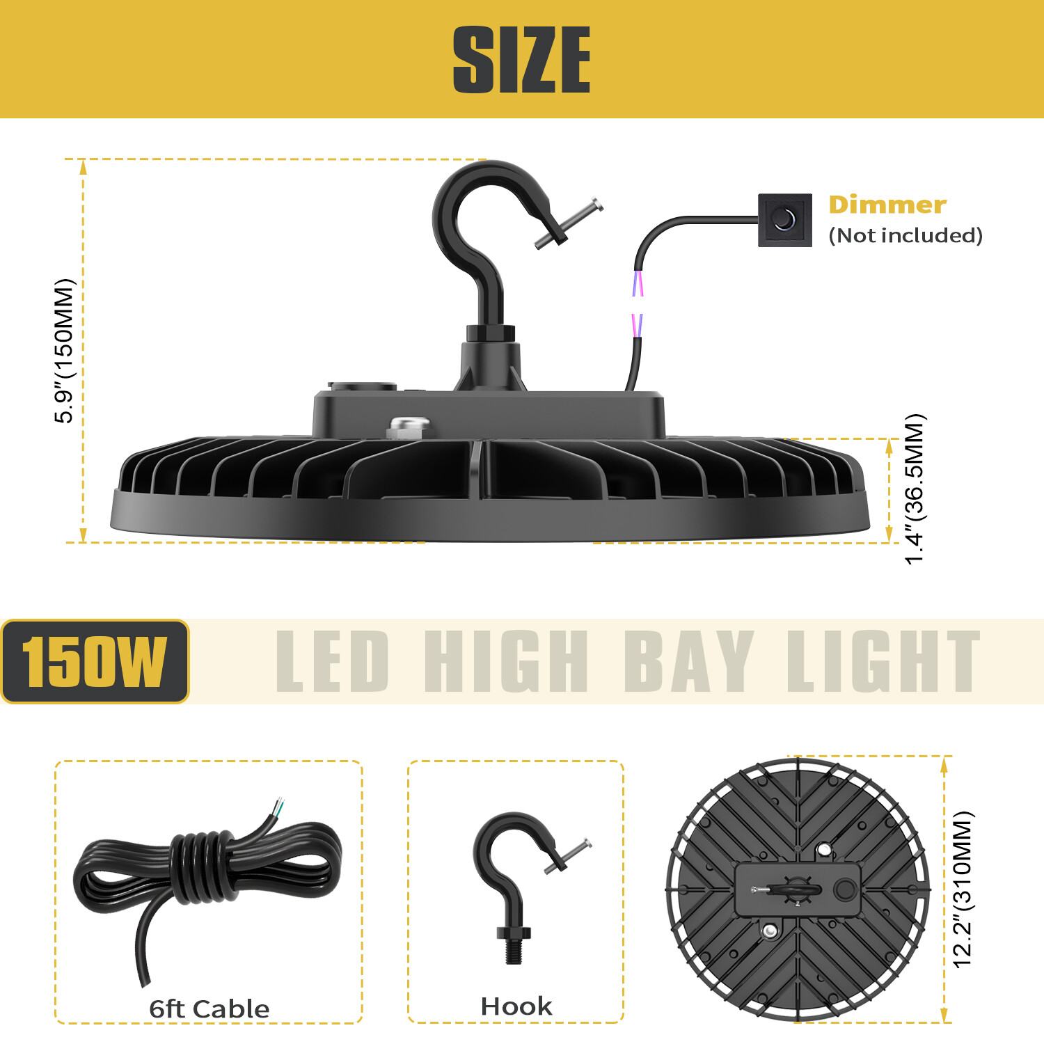 Ufo Led High Bay Light 150W 22,500LM (150lm/w) 5000K CRI 80 Dimmable Led Fixture