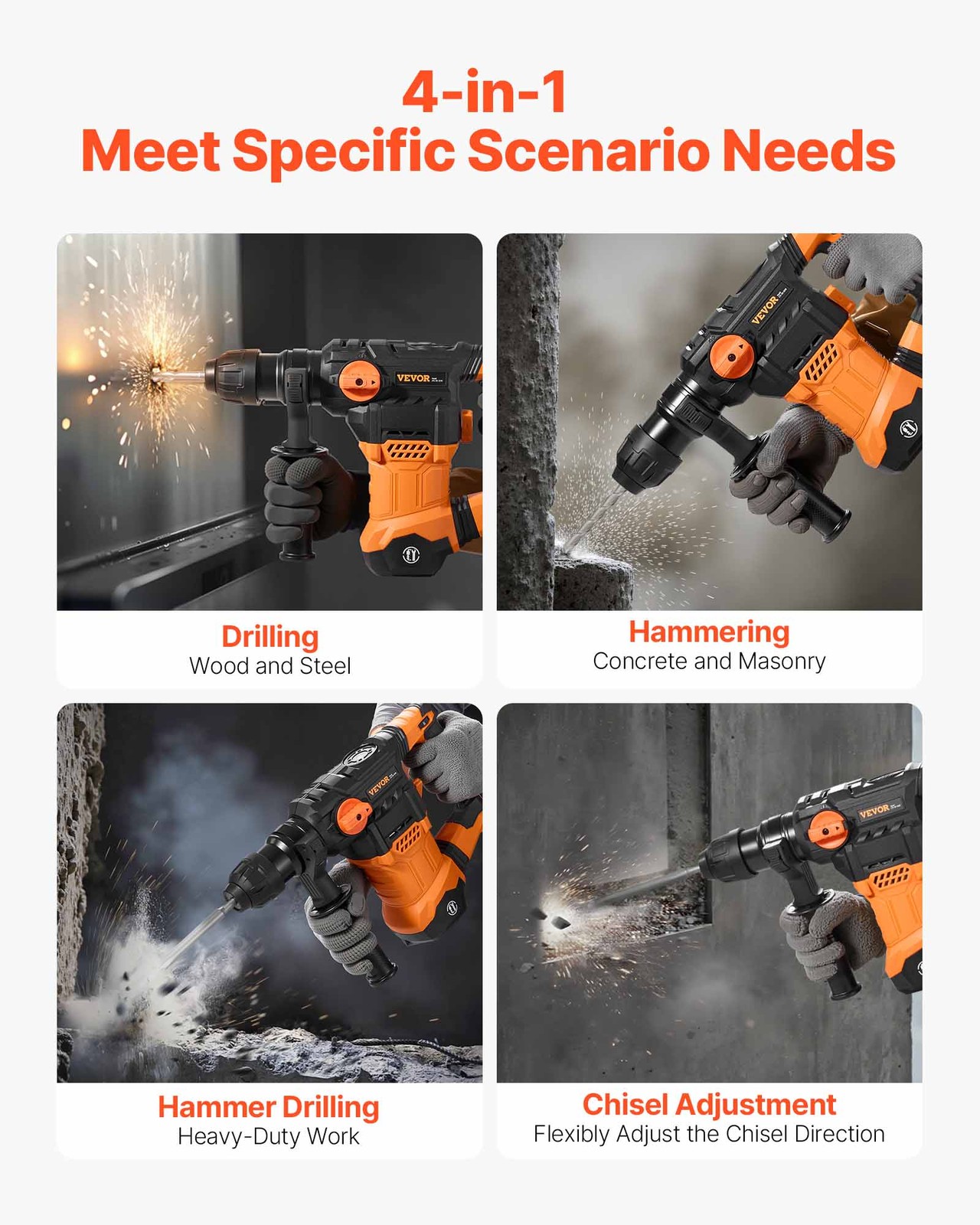 VEVOR Rotary Hammer Drill Corded Drills 1-1/4″ 4 Modes SDS-Plus Chipping Hammers