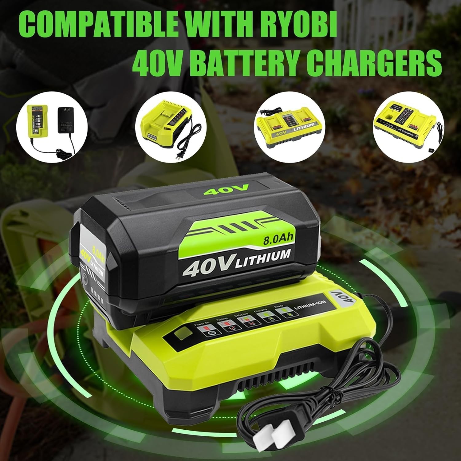 2 Pack 8.0Ah Battery 40 Volt for Ryobi 40V Lithium Ion OP40602 Battery with LED