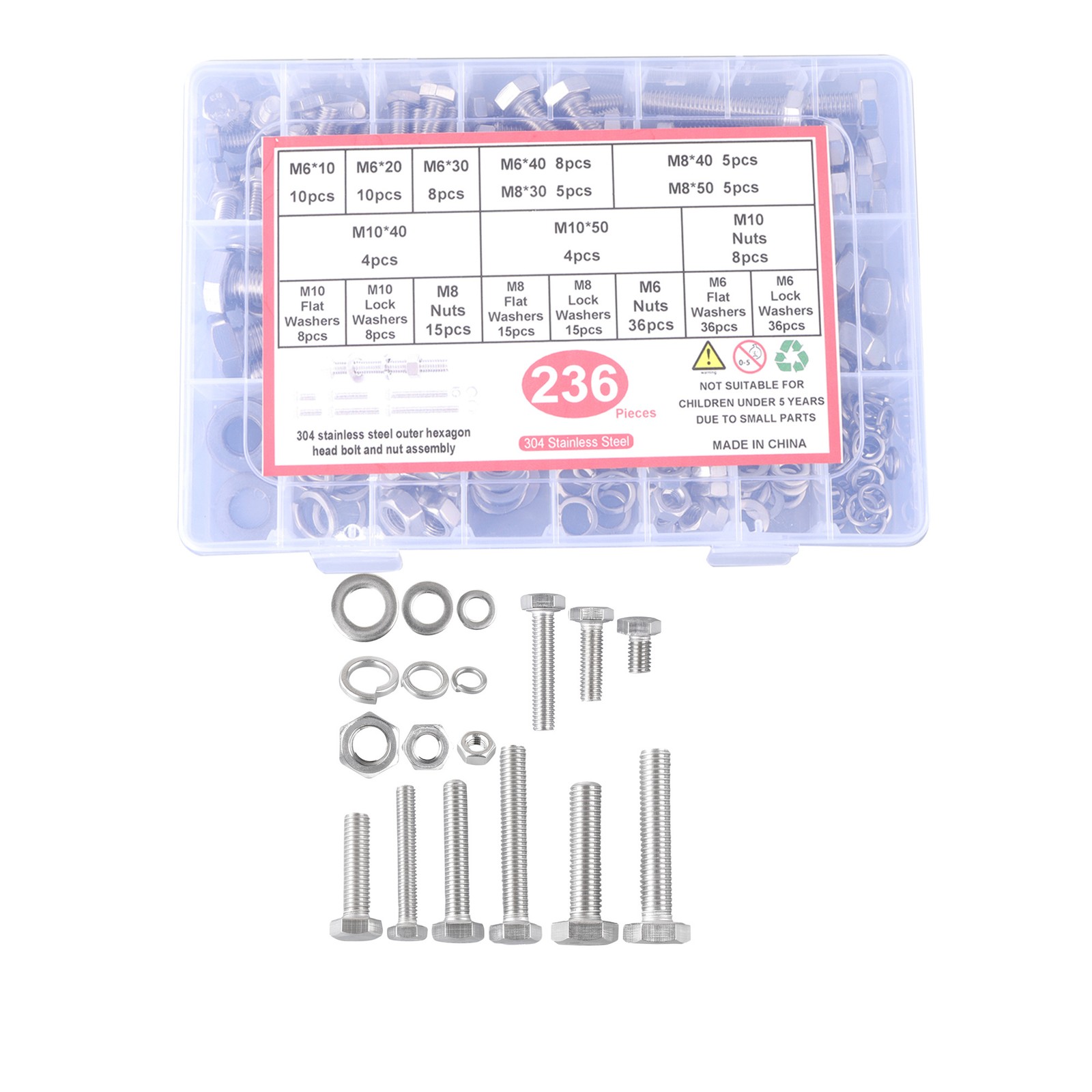 236pcs M6 M8 M10 Heavy Duty Bolts and Nuts Assortment Kit 304 Stainless Steel