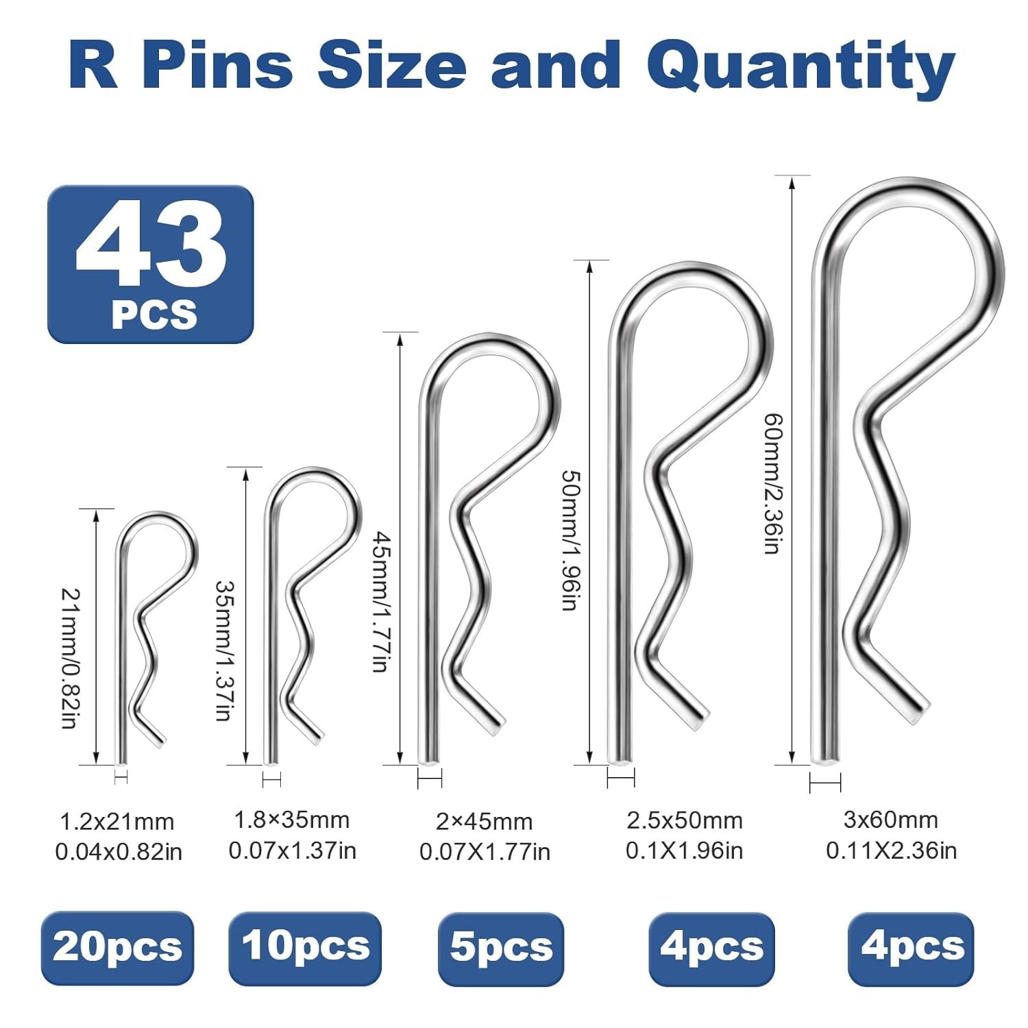 86 PCS Cotter Pin Assortment Kit, 10 Sizes Stainless Steel Cotter Pins & R Clips