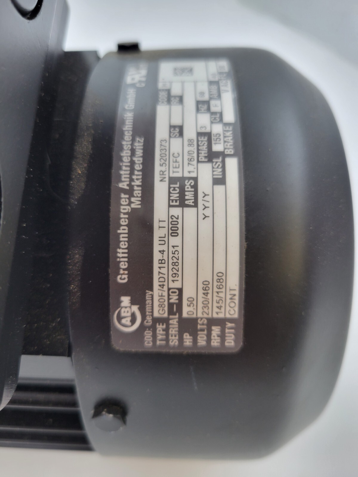 ABM Greiffenberger G80F/4D71B-4 UL TT Gear Motor 1.76A 230/460V 60Hz 0.5HP 3PH
