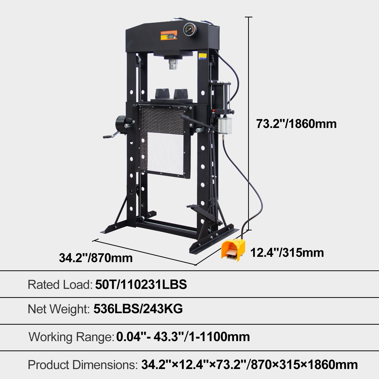 50 Ton Heavy Duty H-Frame Hydraulic Shop Repair Press with Triangular Support