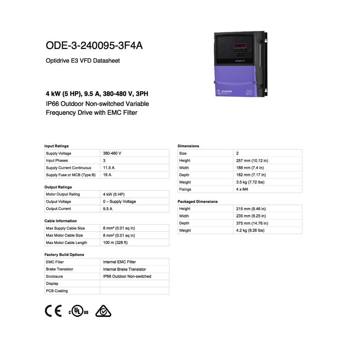 ODE-3-240095-3F4A – Invertek VFD – 5HP 9.5A 380V-480V 3Ph/3Ph – VFDexchange