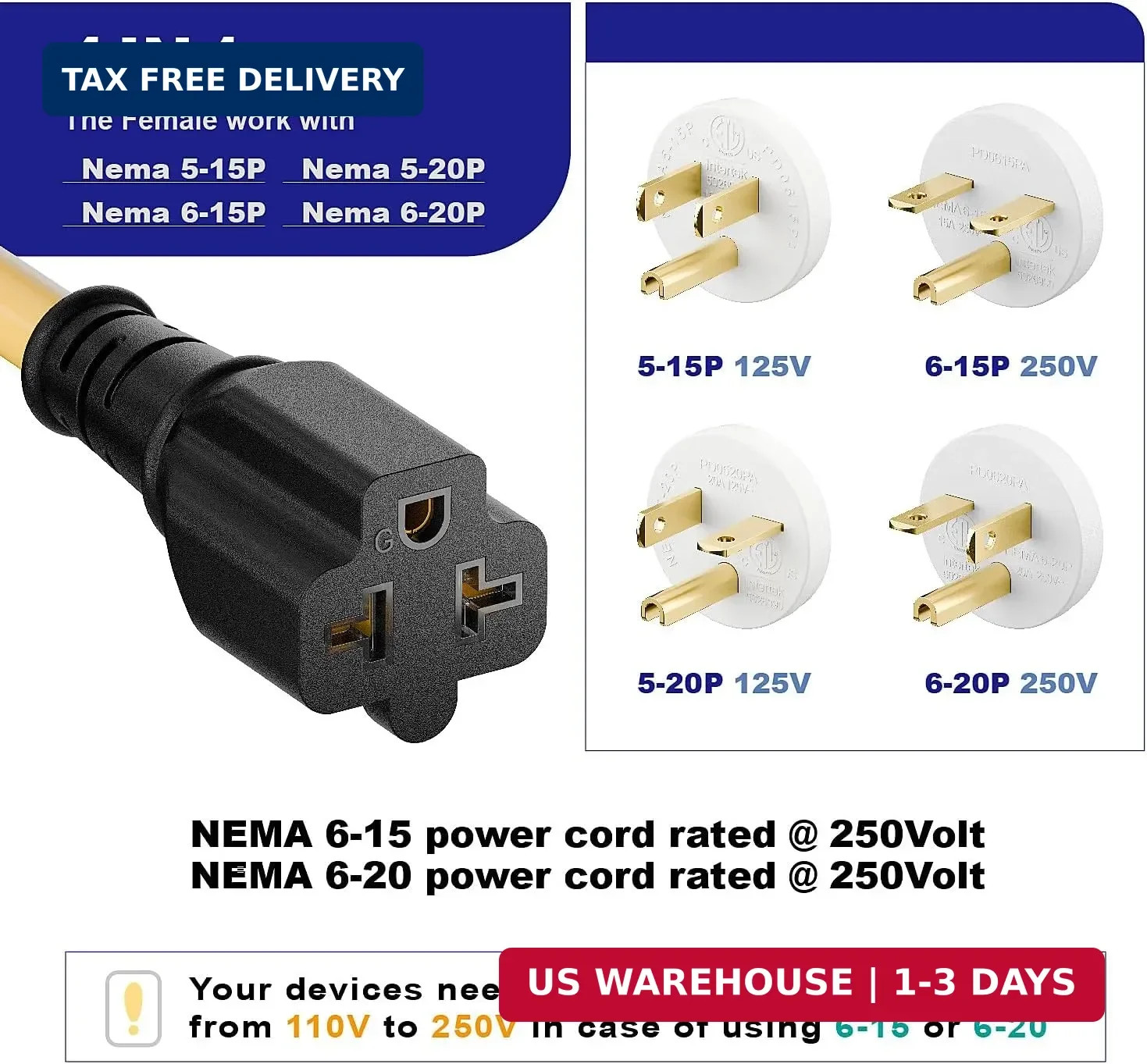 Right Angled [4-in-1] 15 Amp Household AC Plug to 20 Amp T Blade Adapter,5-15P t