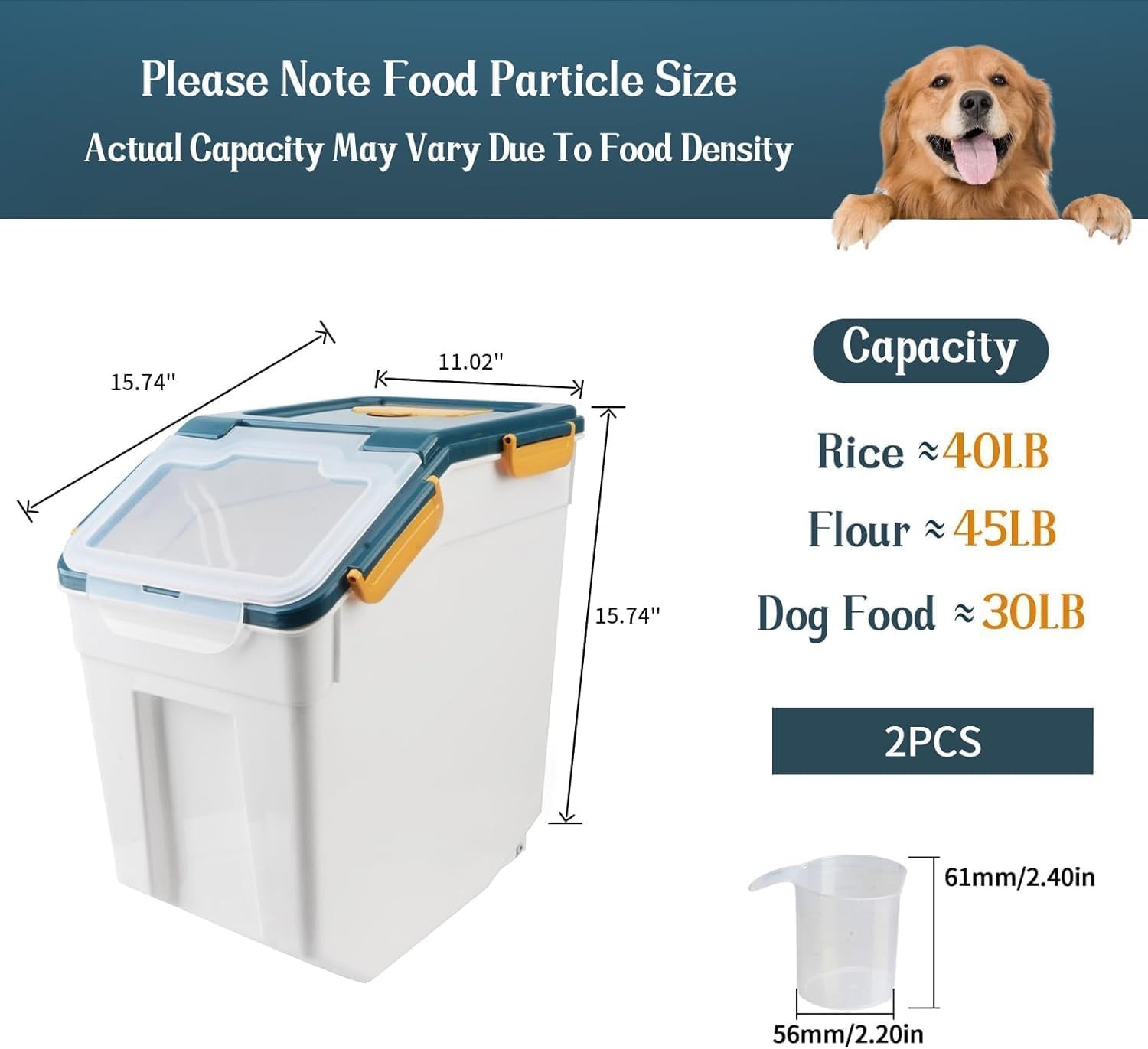 50lb Flour Storage Container 2 Pack Dark Blue with Wheels Measuring Cup Scoop