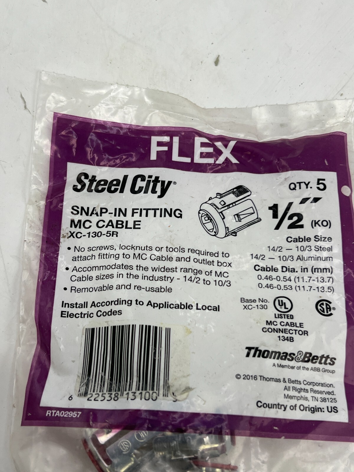 Pack of 5 Steel City 1/2in Standard Snap-In Fitting for MC Cable XC-130-5R
