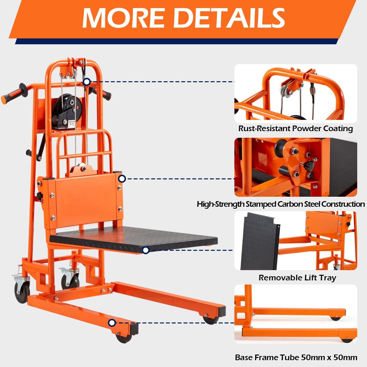 Material Lift Winch Stacker with Casters, 500 Lbs Capacity, 35″ Max Lift Height