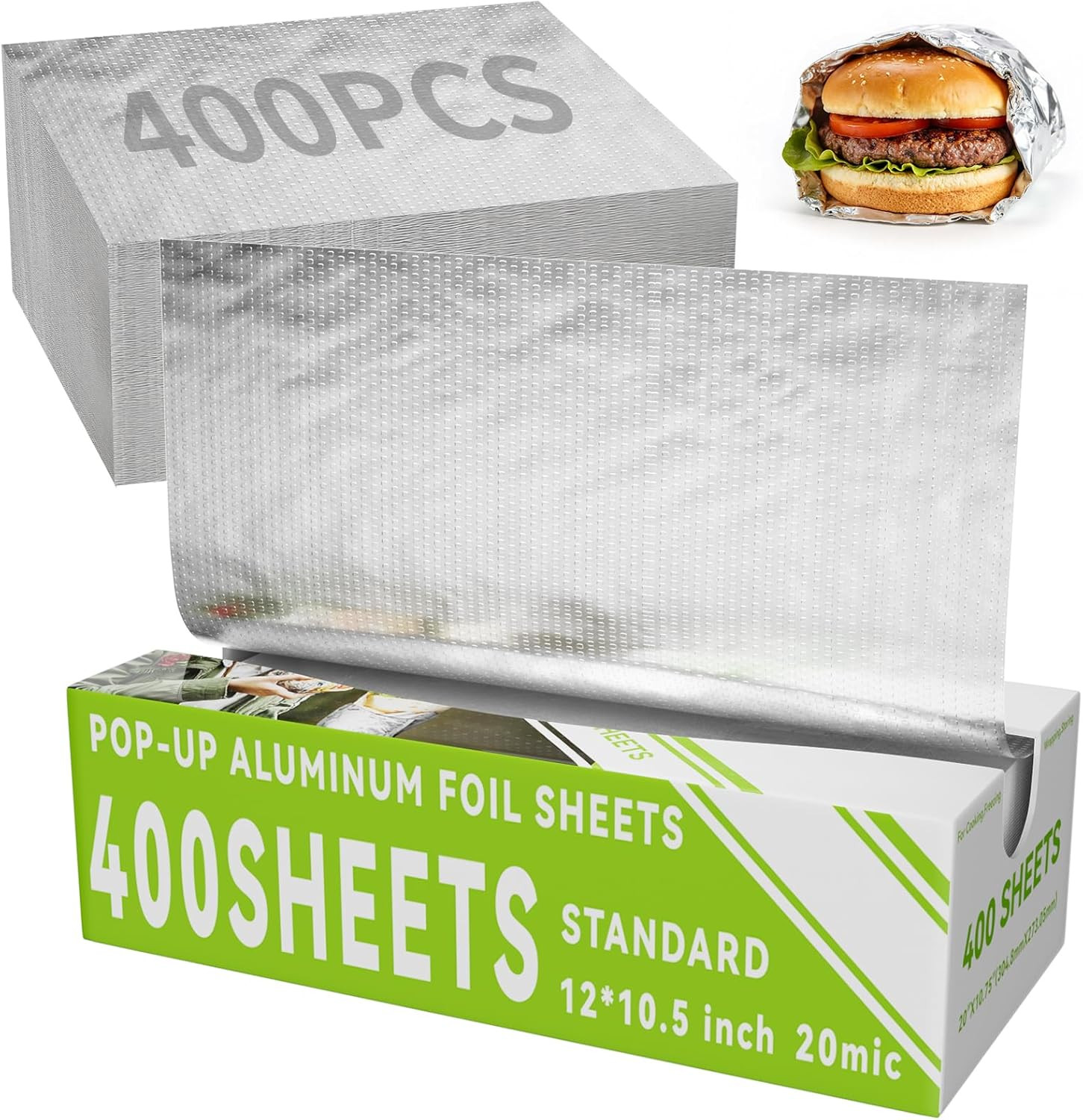 Aluminum Foil Sheets, 400 Count Tin Foil,12″ X 10.5″ Pre-Cut Pop-Up Dispenser fo