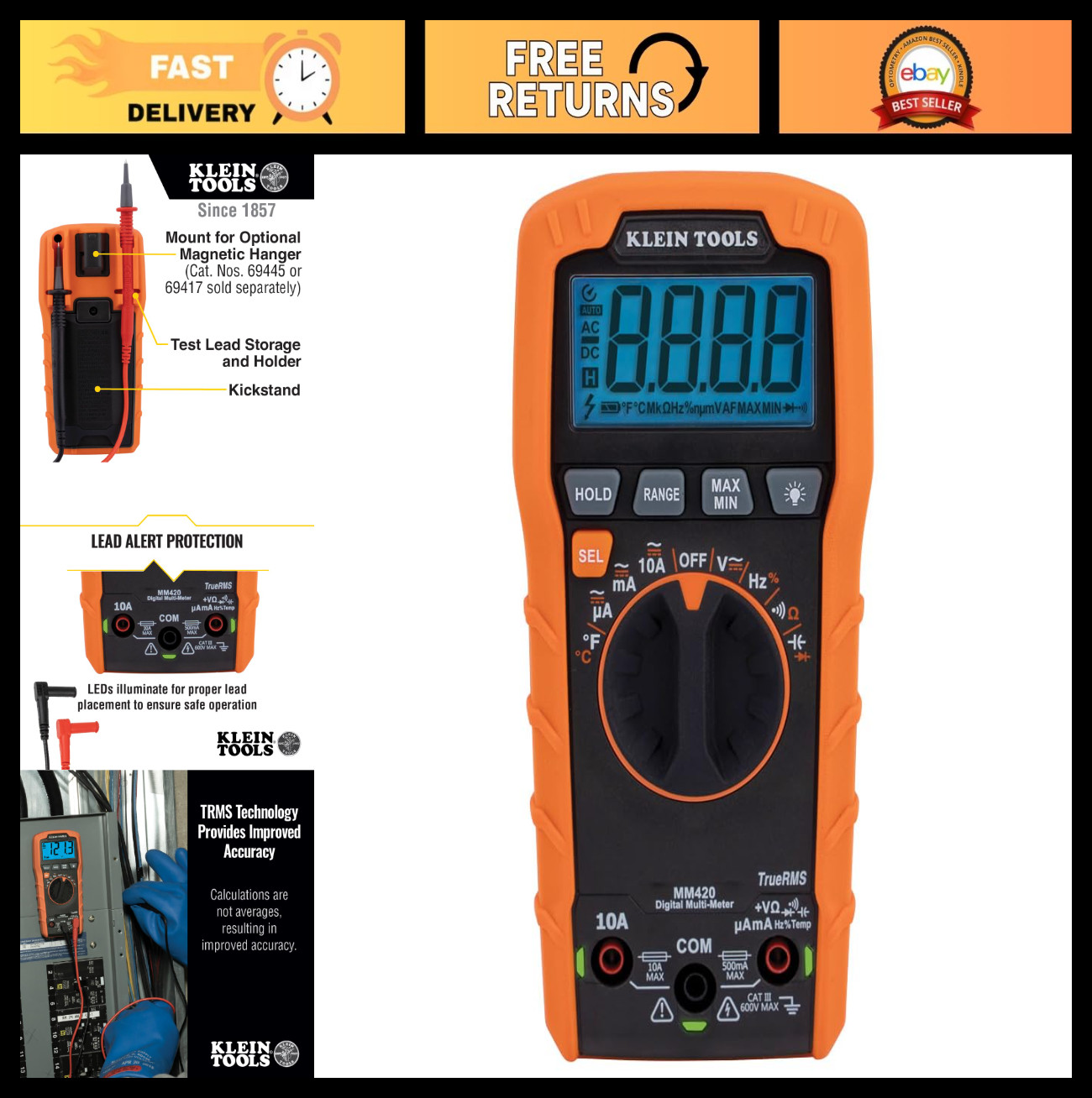 Digital Multimeter Auto-Ranging TRMS 600V AC/DC Voltage 10A Current 50MΩ Resista
