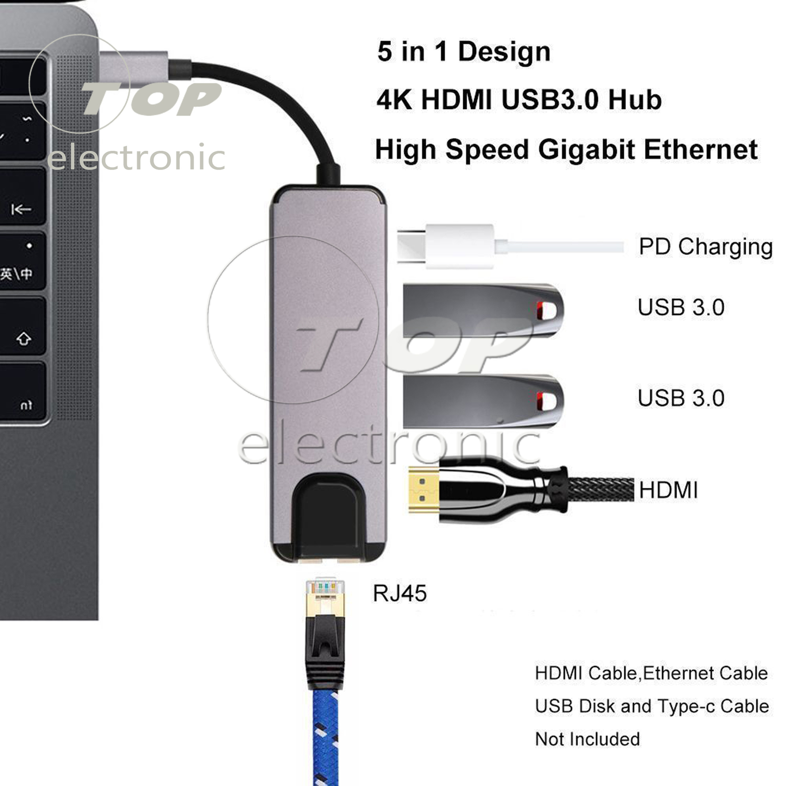 5 in 1 Type C to 4K HDMI USB 3.0 PD Charging Ethernet RJ45 Port Adapter Hub