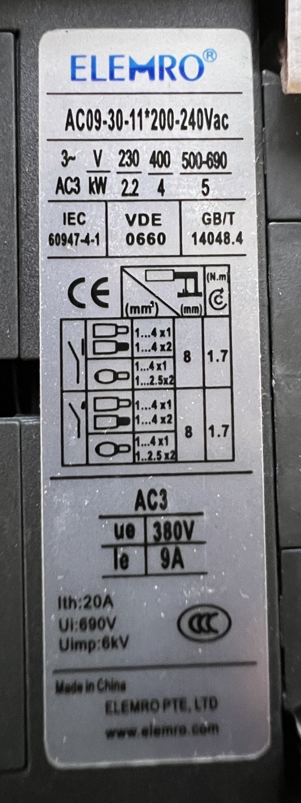 NEW AC50-30-11 *200-240V Contactor 50A 22KW/400V Elemro Schutz 3‑pole