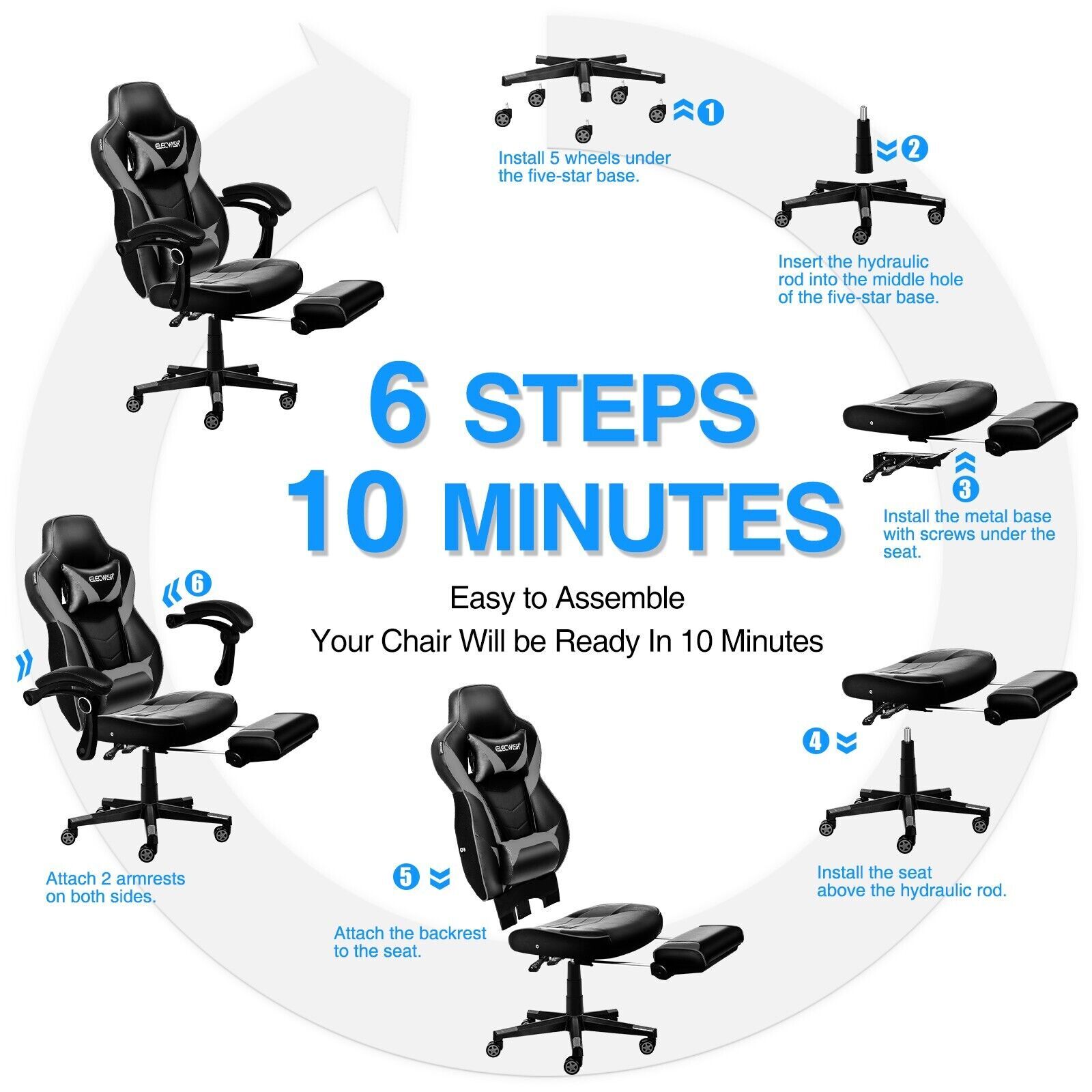 ELECWISH Gaming Chair Ergonomic Swivel Recliner Office Seat w/ Lumbar support