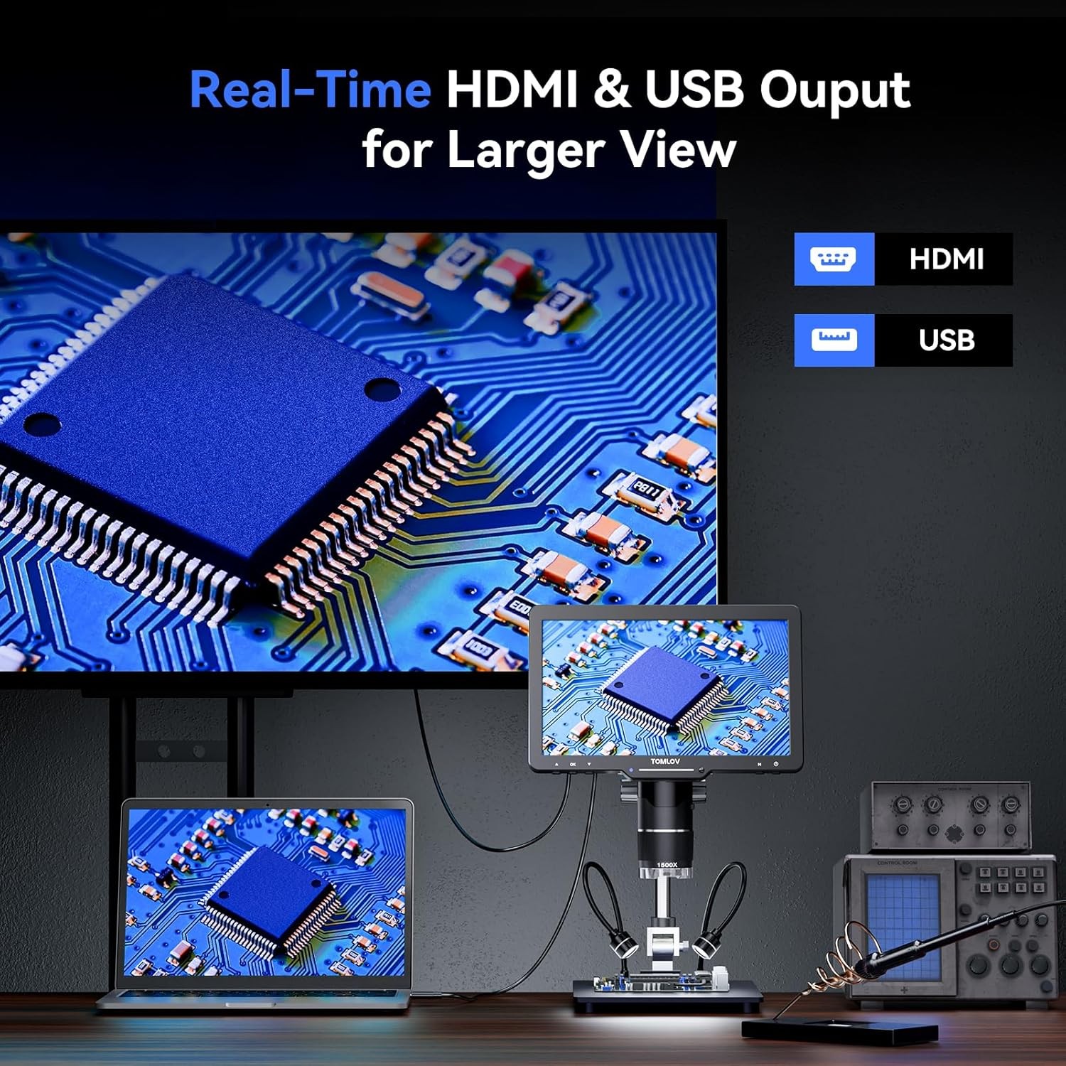 TOMLOV 2K HDMI Digital Microscope 3-Lens 10.1″ 2500X Coin Microscope 14 LED 64GB