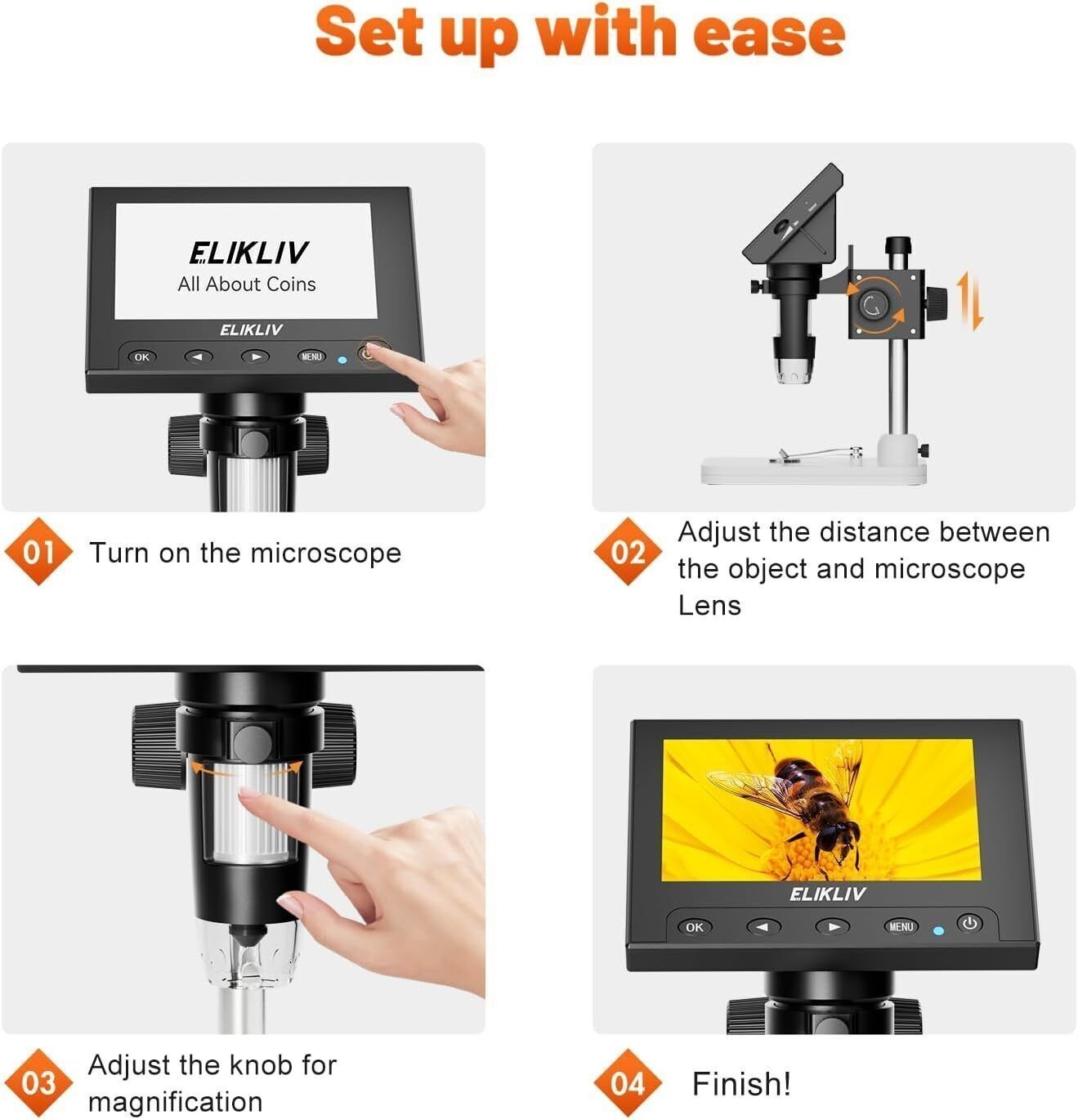 4.3-In Microscope LCD Digital Coin Microscope 1000x Coin Magnifier 8 LED Lights