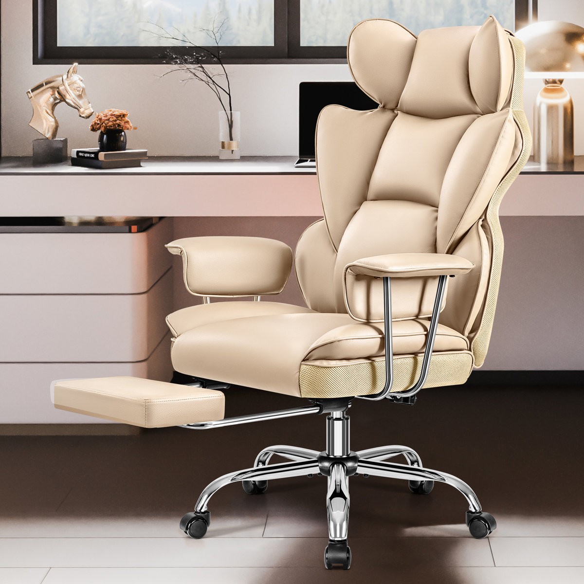 BESTFAIR FAUX LEATHER EXECUTIVE COMPUTER CHAIR – DARK BEIGE