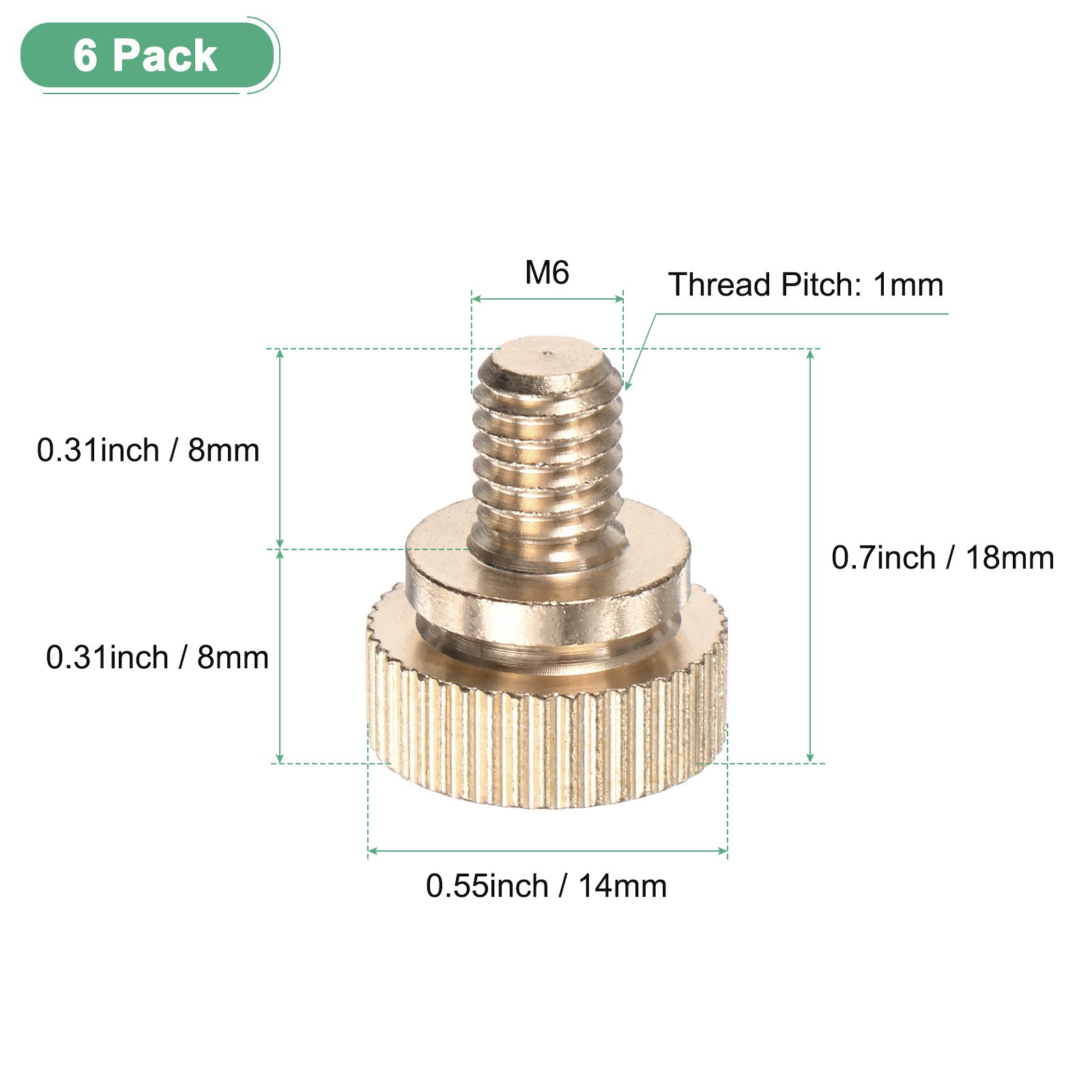 6-Pack Knurled Thumb Screws, M6x8mm Solid Brass Knobs Bolts
