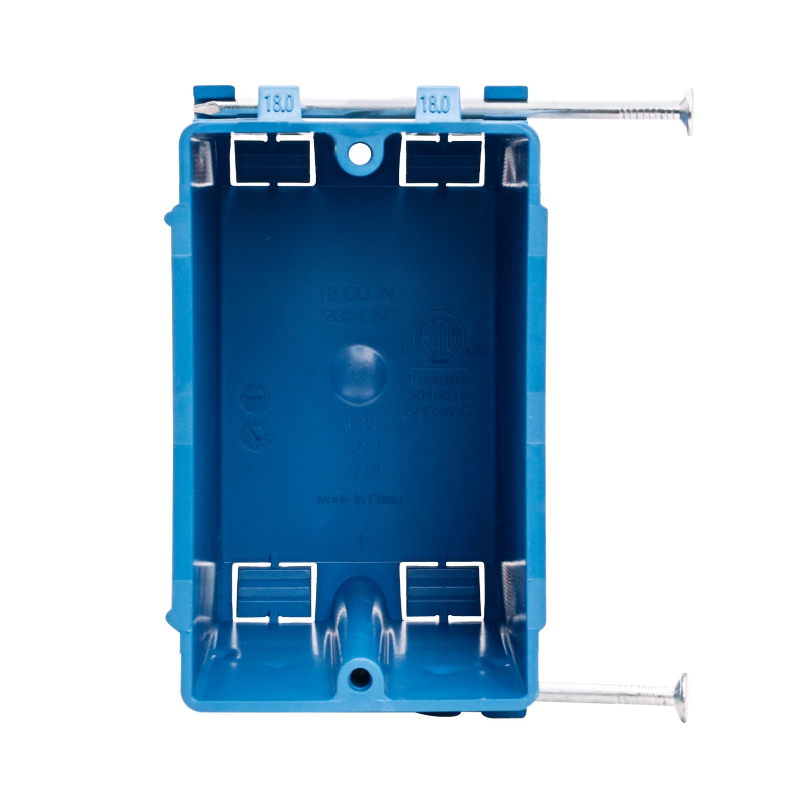 1-Gang New Work Outlet Box 18 Cu In PVC w/ Nails Knockouts ETL Listed Blue