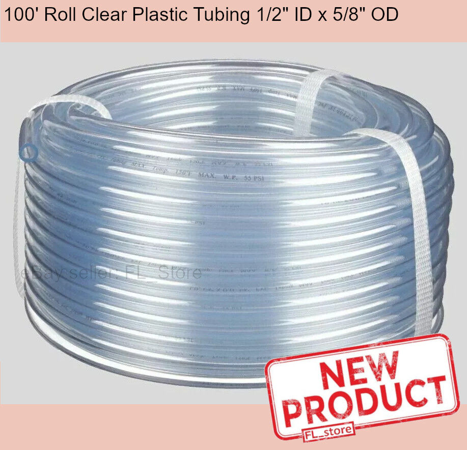 1/2 Inch ID x 5/8 In OD Clear Plastic Tubing Flexible 100 Feet Roll Tube NEW