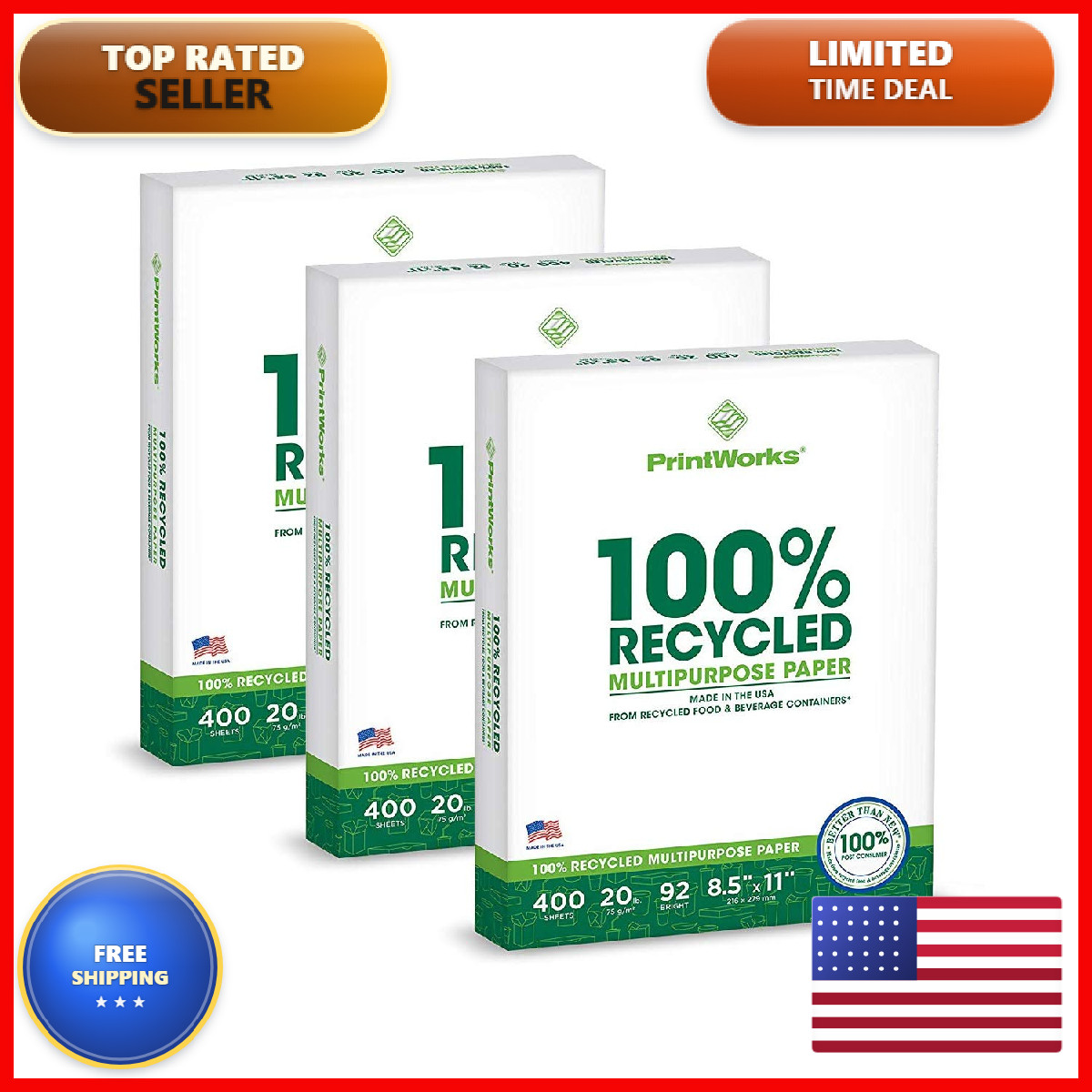 Printworks 100 Recycled 8.5 X 11 – 20 Lb – 3 Packs – In The Usa –