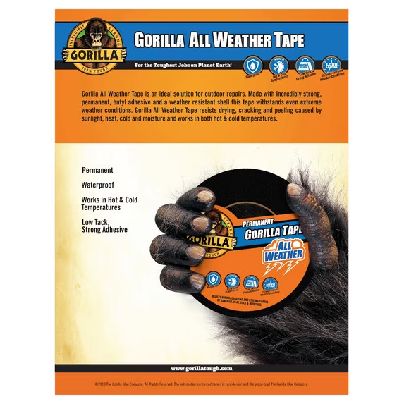 Gorilla All weather Permanent Black Tape 1.88 In X 10 yd # 114459, New Sealed