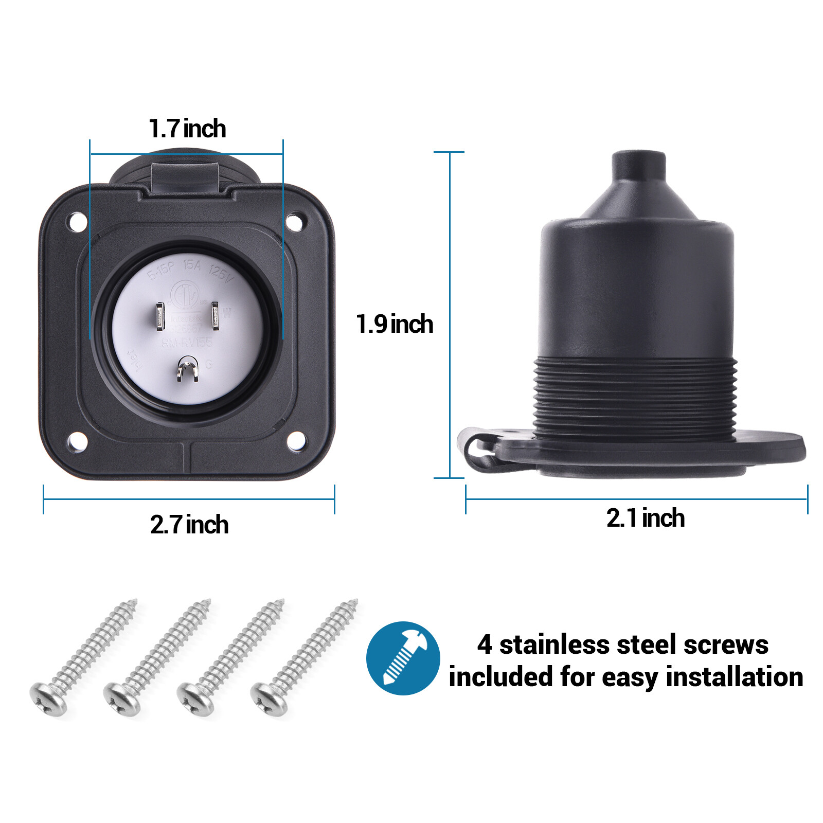 15A 125V Shore Power Inlet Port Plug Outlet NEMA 5-15P Male Receptacle RV Boat