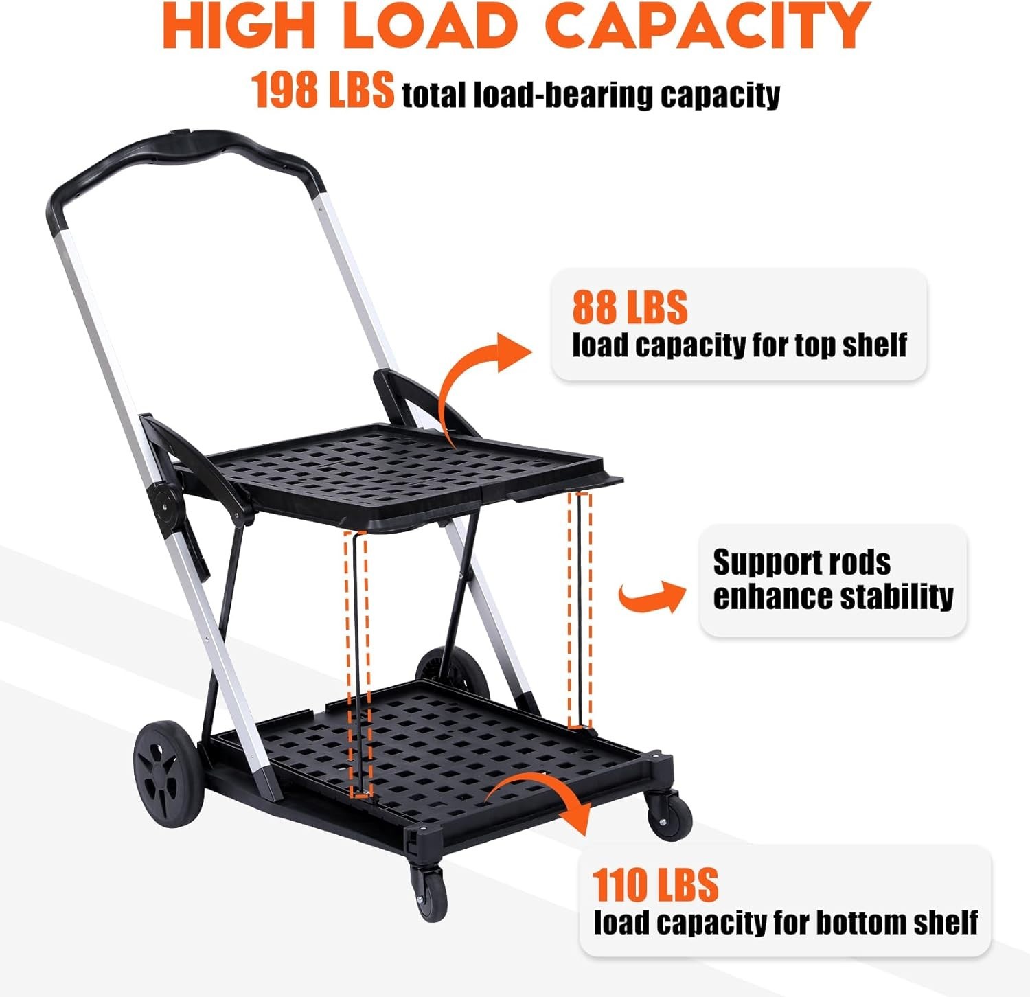 Folding Shopping Cart With Wheels Collapsible Cart with Storage Crate 2-Layer