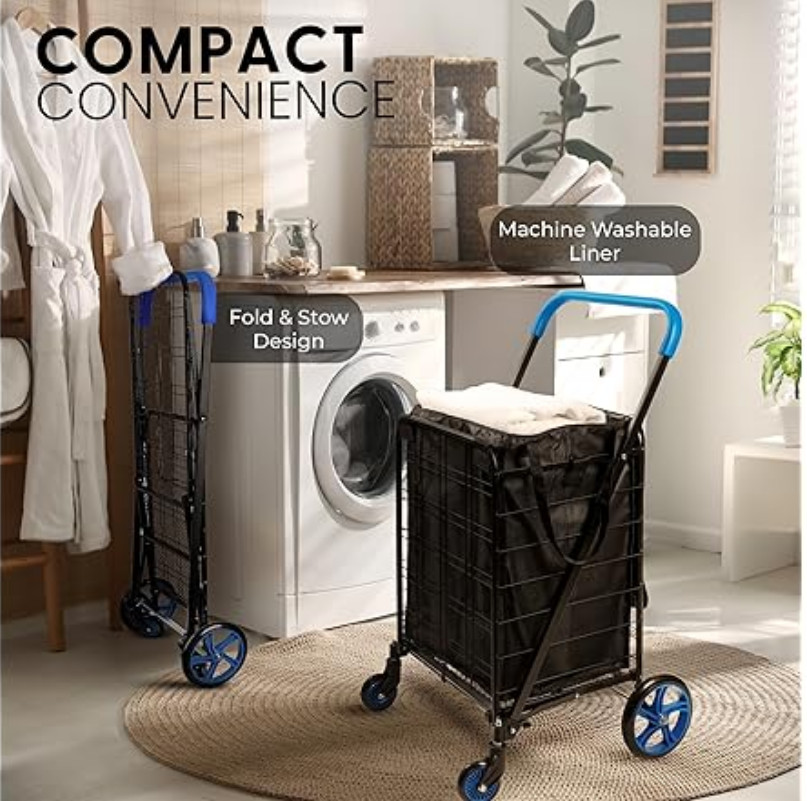 SereneLife Large Folding Utility Cart w/ Removable Liner – Blue – Heavy Duty, Ne