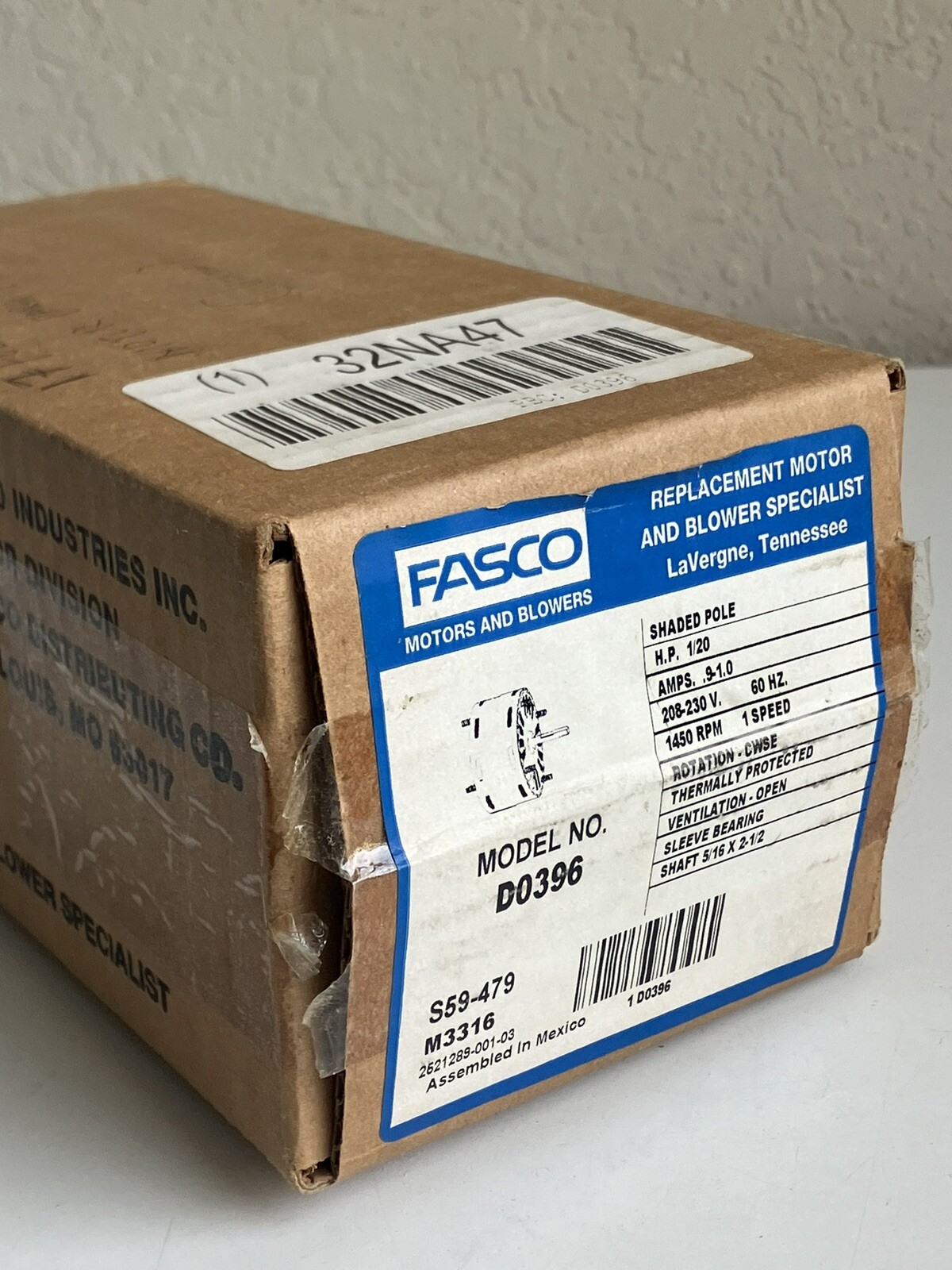 Fasco # D0396 Refrigeration Motor 1/20 hp 1450 RPM 208-230V