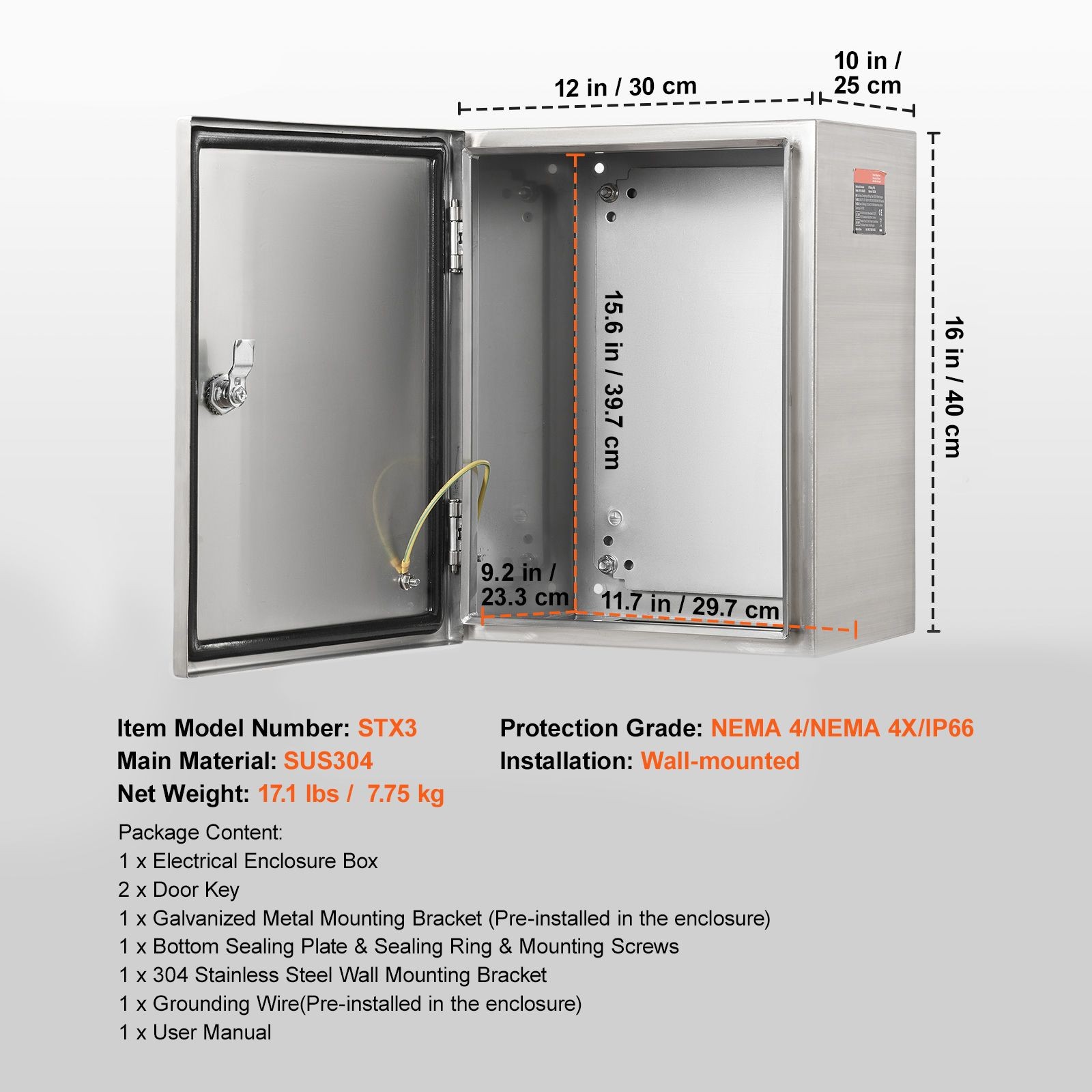16x12x10 inch 304 Stainless Steel Electrical Enclosure, Wall – Mounted, IP66