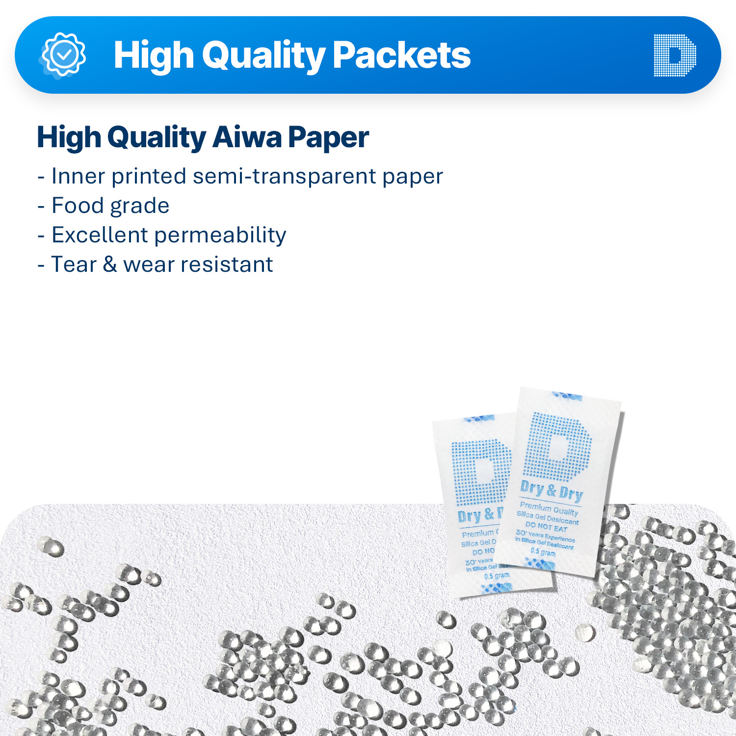0.5(Half) gram X 5000 PK “Dry & Dry” Premium Silica Gel Packets – FDA Compliant