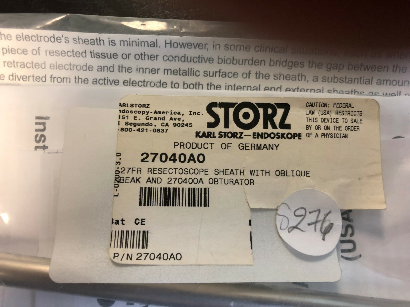 Karl Storz 27040AO 27Fr Resectoscope Sheath With Oblique Beak and 27040OA OBT.