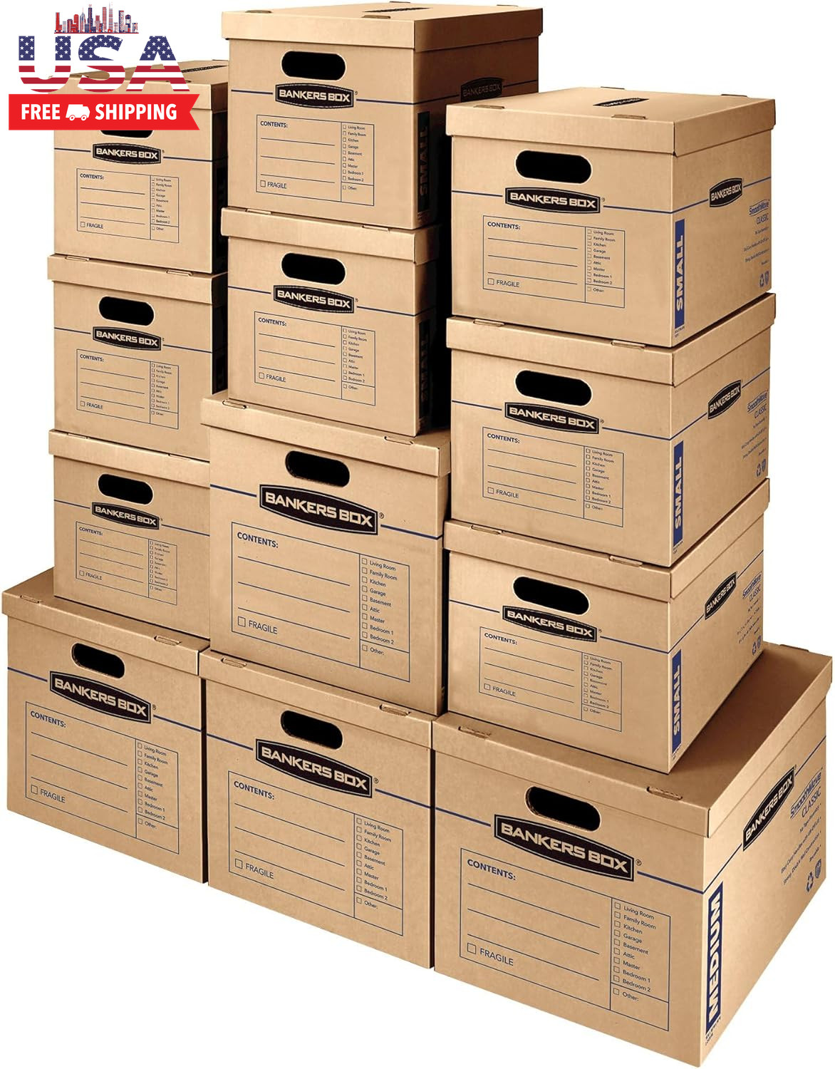 Classic Moving Box 12 Pack Kit, Reinforced Handles, Tape-Free Assembly, Box with