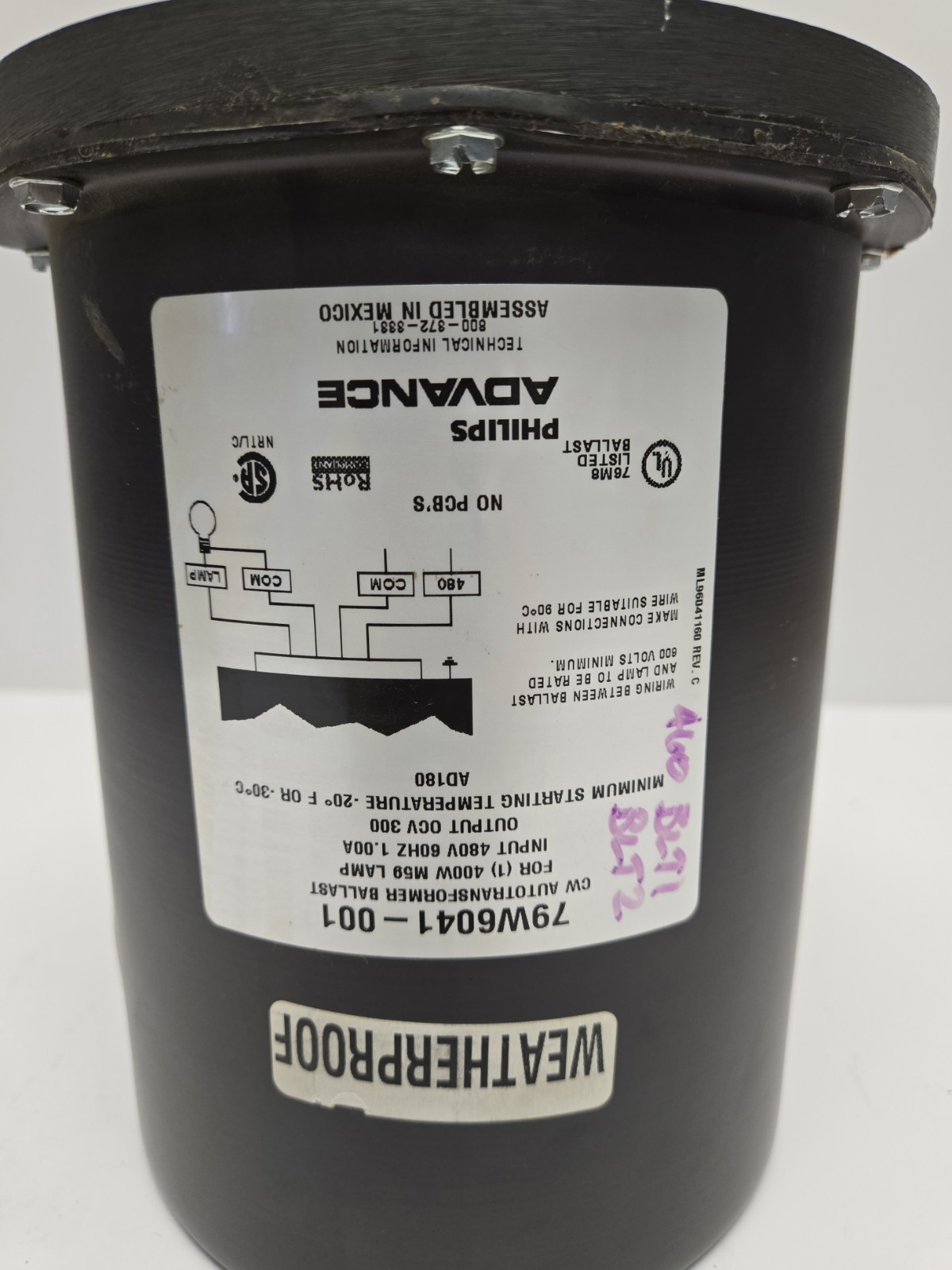 PHILLIPS ADVANCE OUTDOOR WATERPROOF TRANSFORMER BALLAST 79W6041001. 400W.