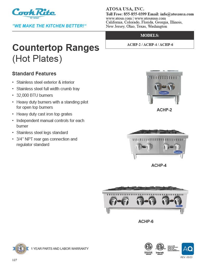 Atosa ACHP-2-LP 2 BURNER HOT PLATE PROPANE WITH 5 YEARS PARTS & LABOR