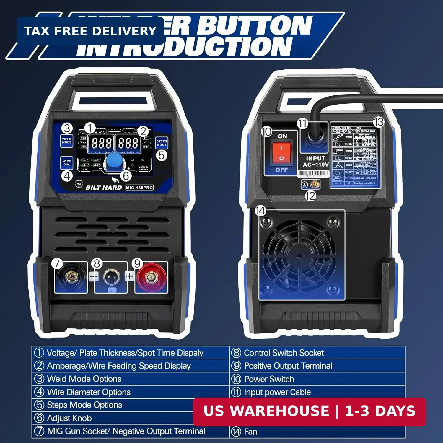 BILT HARD 135A IGBT Inverter Welder, 110V Flux Core MIG/Lift TIG/Stick 3-in-1 We
