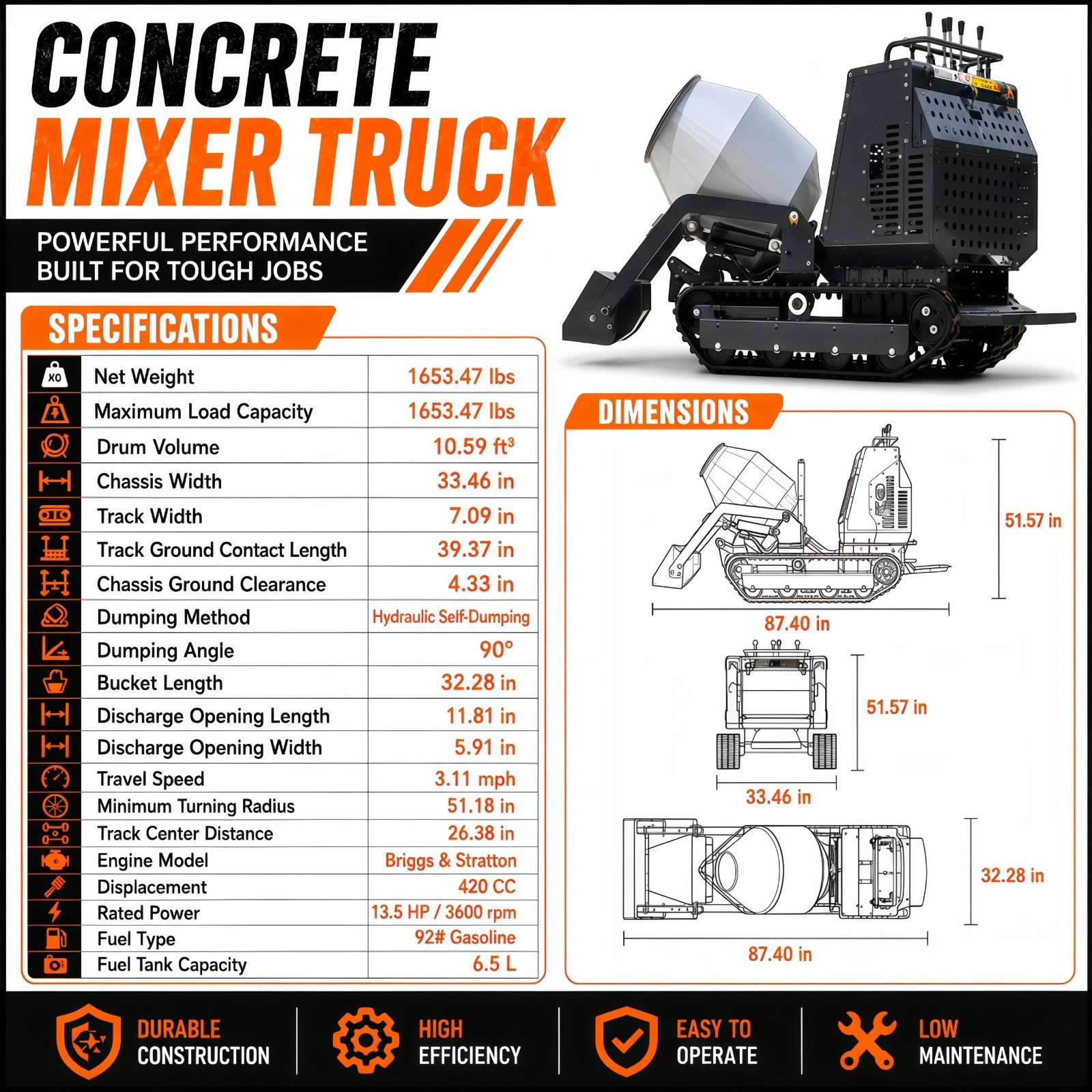 Driven Crawler Type Drum Concrete Mixer Dumper Self Loading Concrete 13.5HP